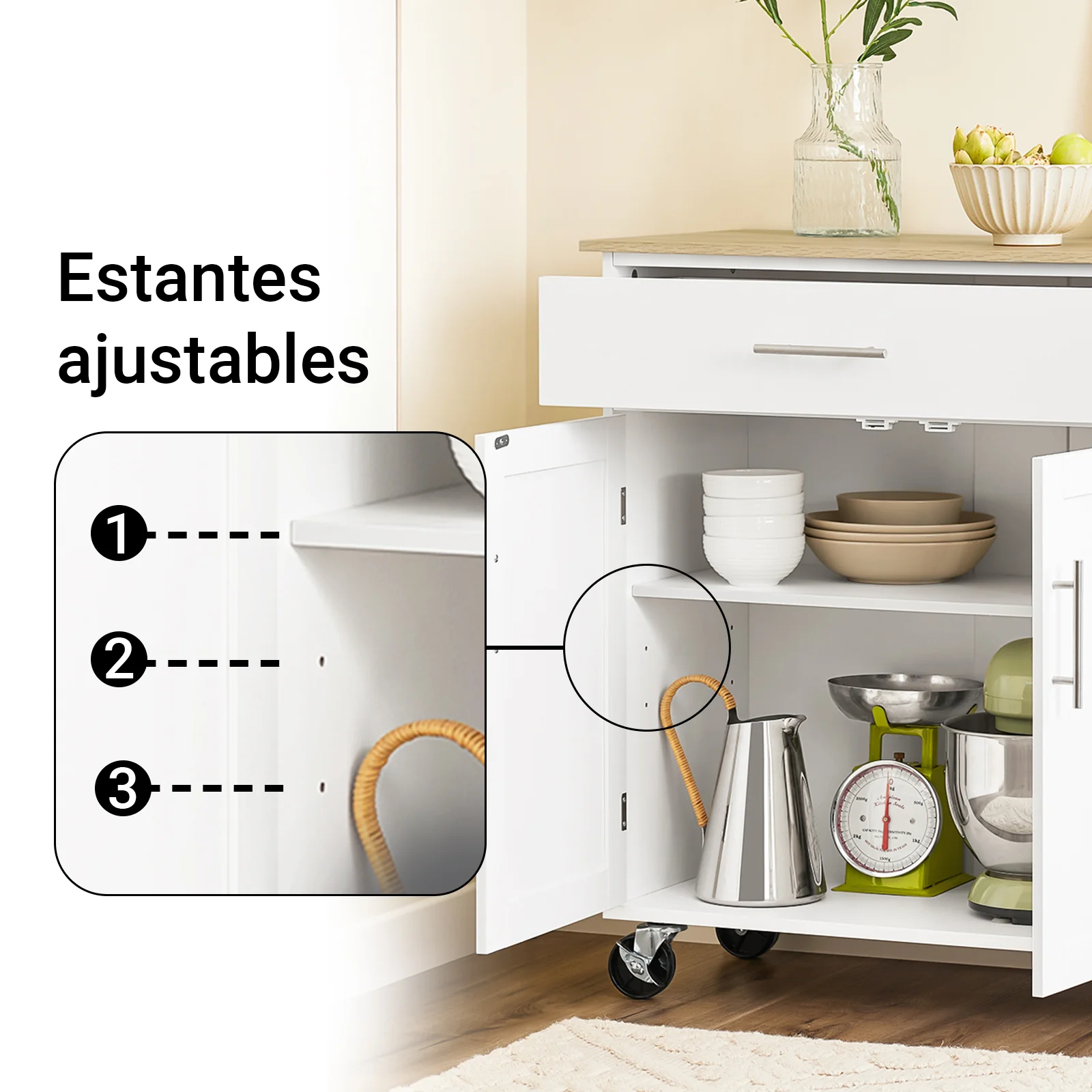 Preventa-SoBuy FKW133-WN Carrito de Cocina Mueble Auxiliar con Ruedas y Encimera Blanco 99x40x85 cm - Image 4