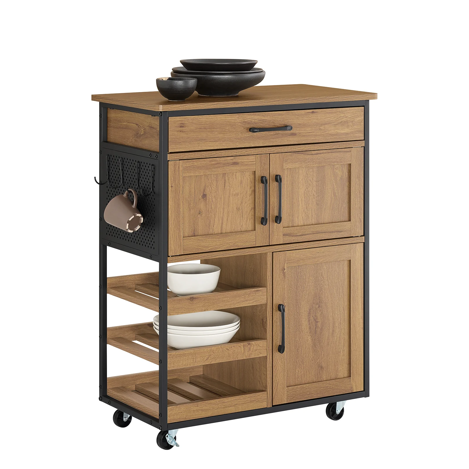 Preventa-SoBuy FKW134-N Carrito Auxiliar de Cocina con 3 Puertas y 1 Cajón Vintage Marrón 67x88x37cm