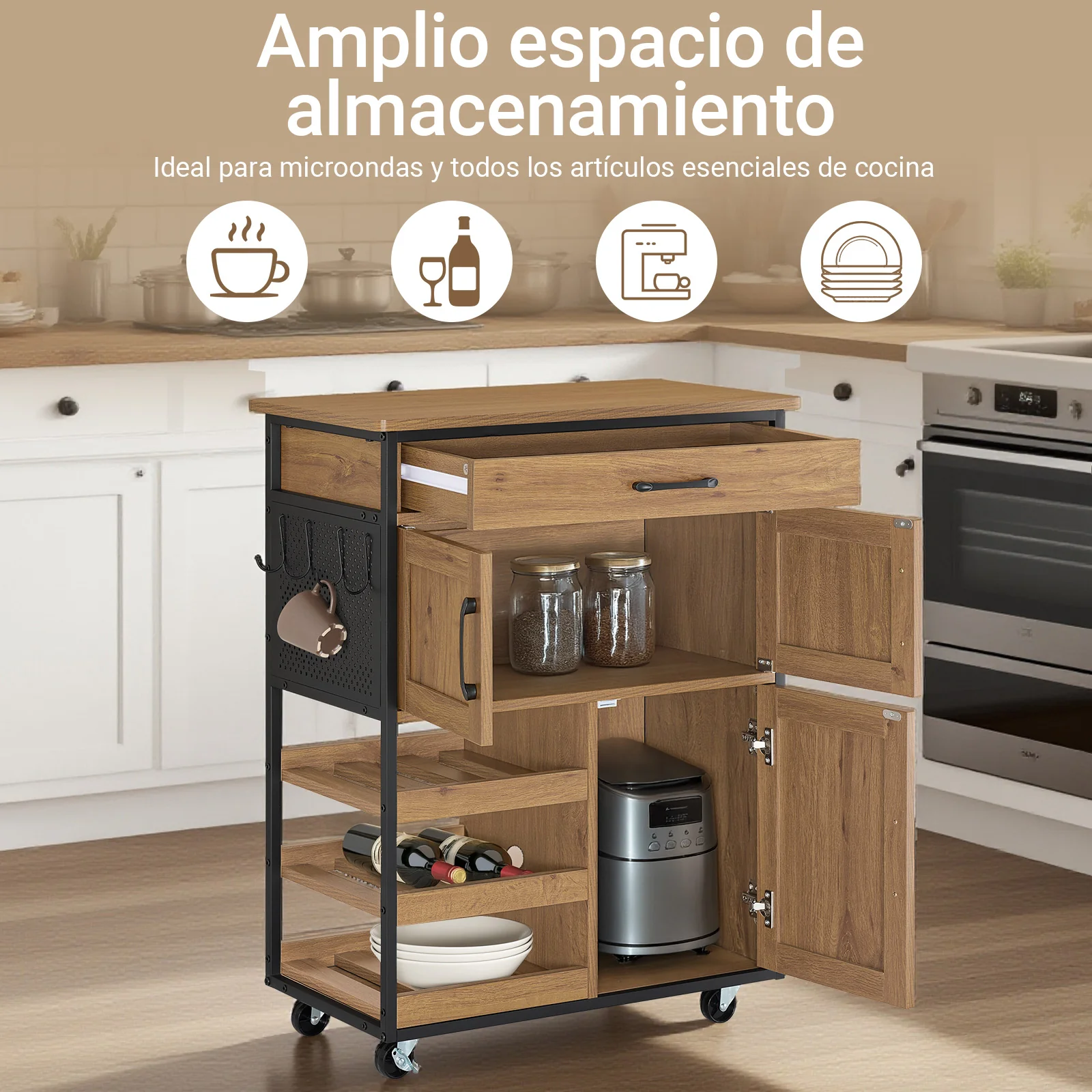 Preventa-SoBuy FKW134-N Carrito Auxiliar de Cocina con 3 Puertas y 1 Cajón Vintage Marrón 67x88x37cm - Image 2