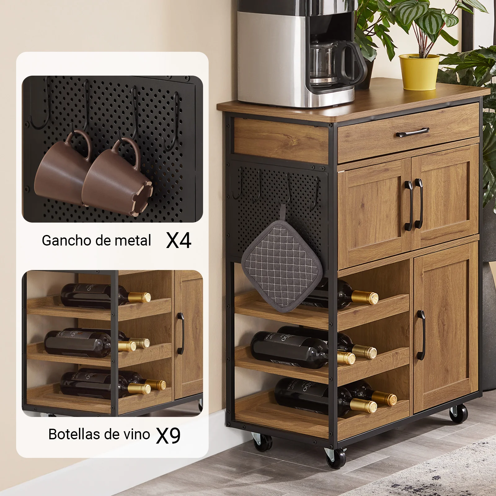 Preventa-SoBuy FKW134-N Carrito Auxiliar de Cocina con 3 Puertas y 1 Cajón Vintage Marrón 67x88x37cm - Image 5