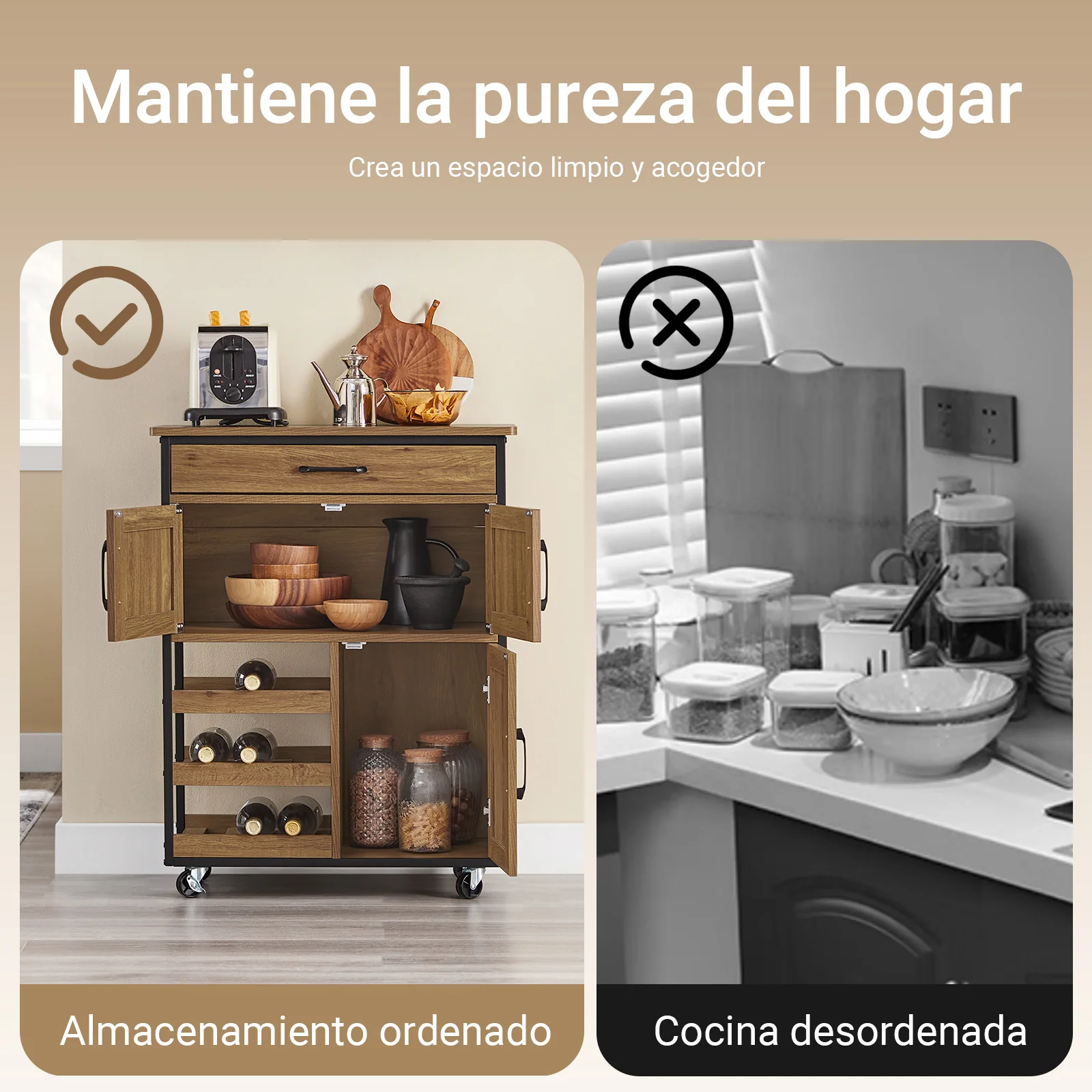 Preventa-SoBuy FKW134-N Carrito Auxiliar de Cocina con 3 Puertas y 1 Cajón Vintage Marrón 67x88x37cm - Image 6
