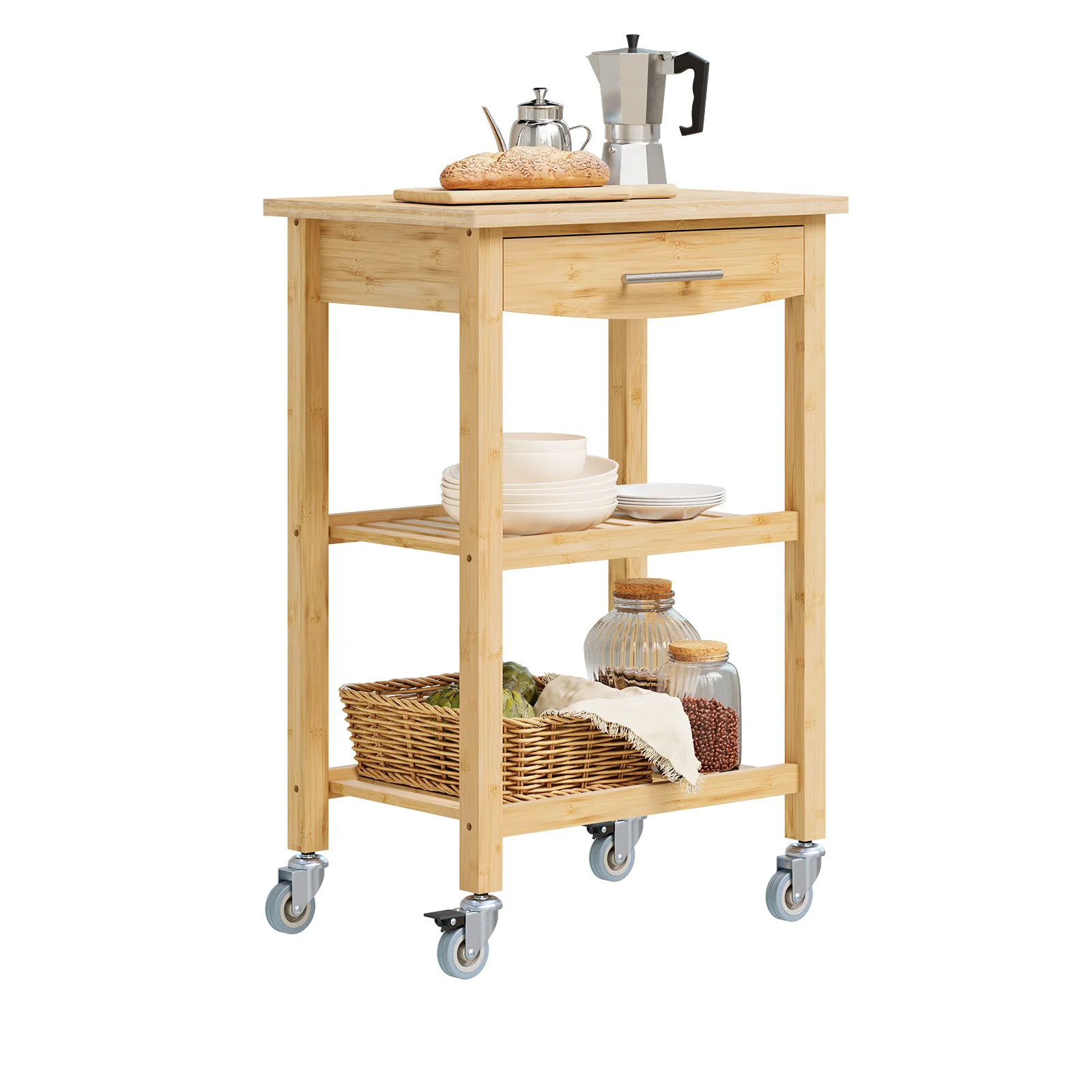 SoBuy FKW135-N Carro de Cocina de Bambú con Cajón y 2 Estantes 58×86×40 cm