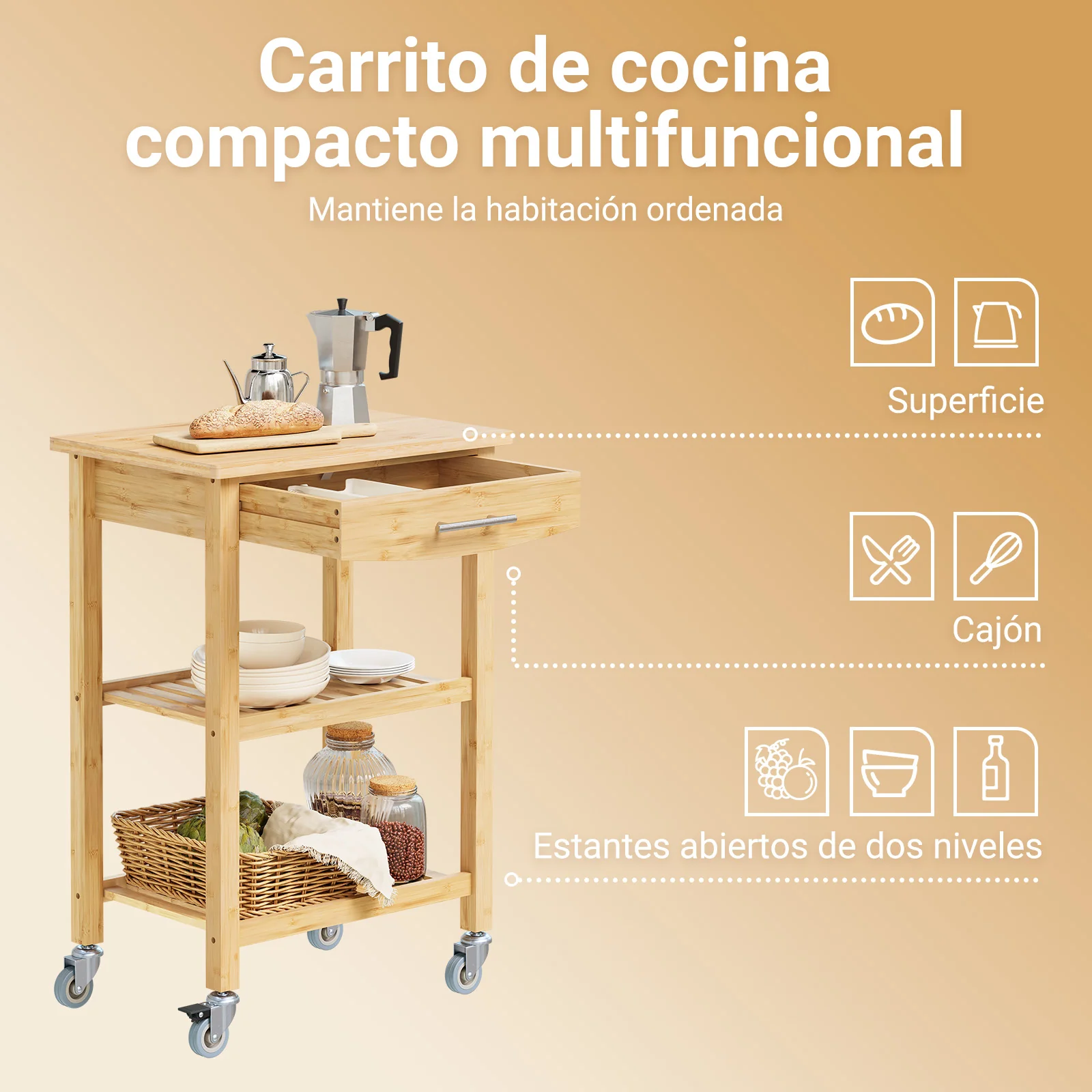 SoBuy FKW135-N Carro de Cocina de Bambú con Cajón y 2 Estantes 58×86×40 cm - Image 2