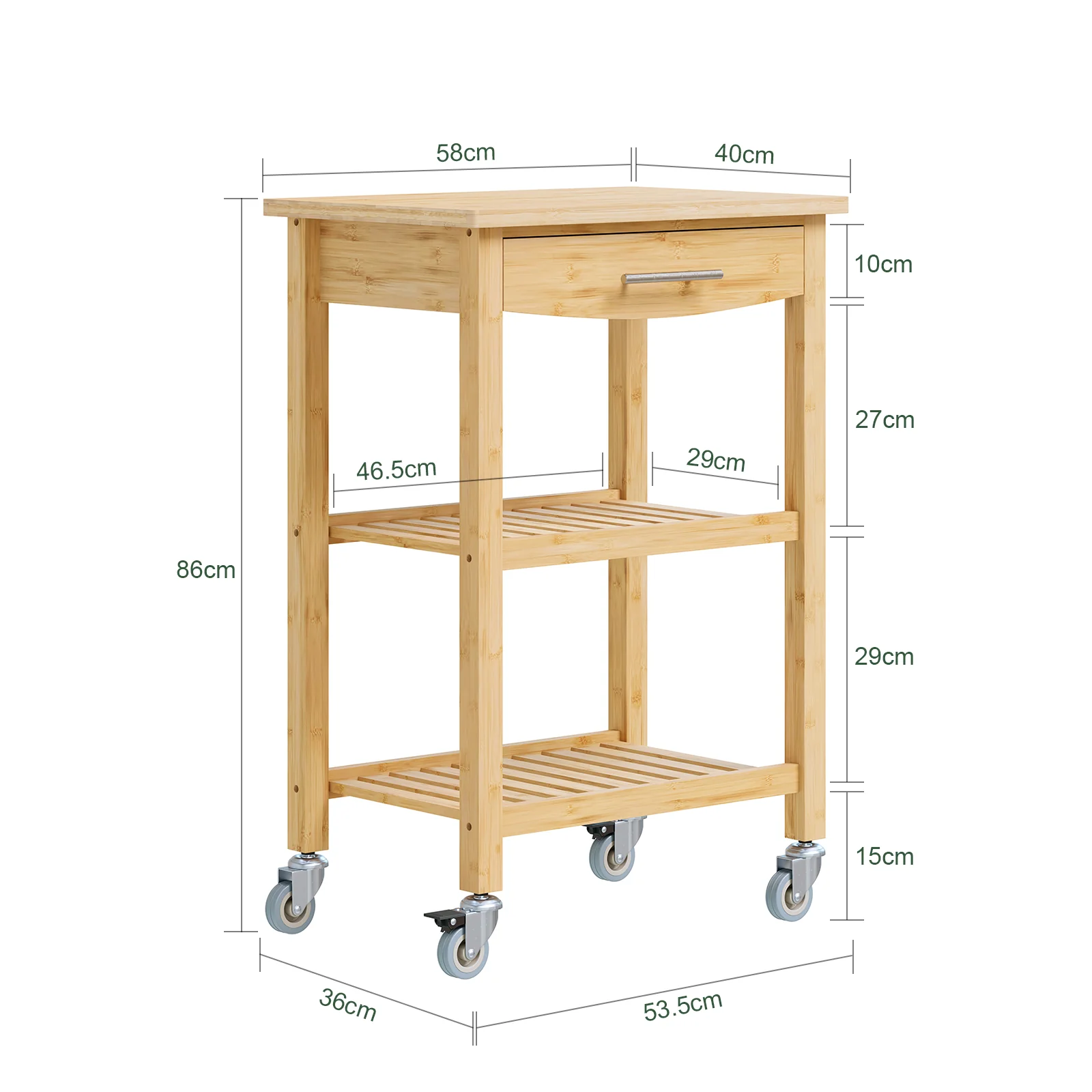 SoBuy FKW135-N Carro de Cocina de Bambú con Cajón y 2 Estantes 58×86×40 cm - Image 4