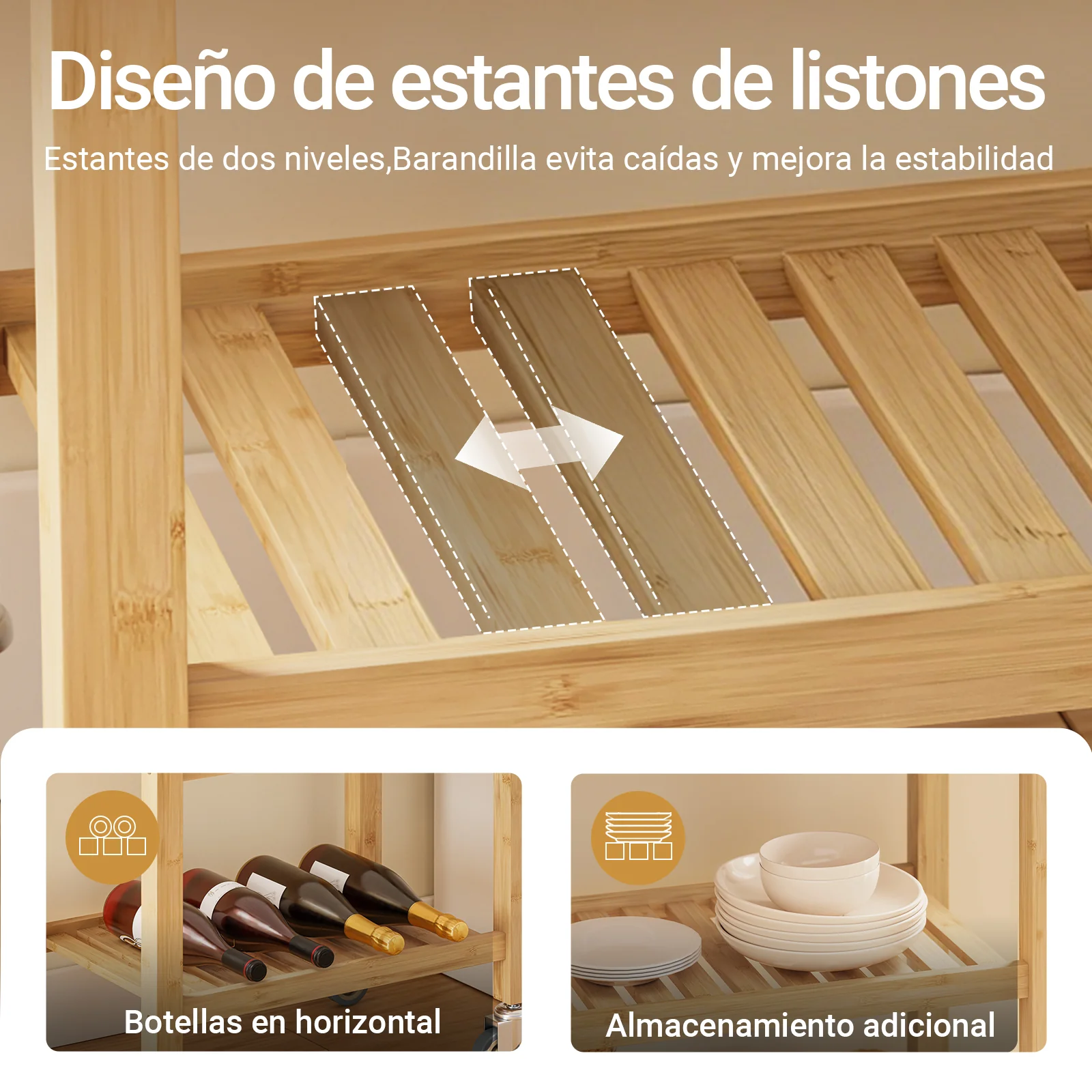 SoBuy FKW135-N Carro de Cocina de Bambú con Cajón y 2 Estantes 58×86×40 cm - Image 5