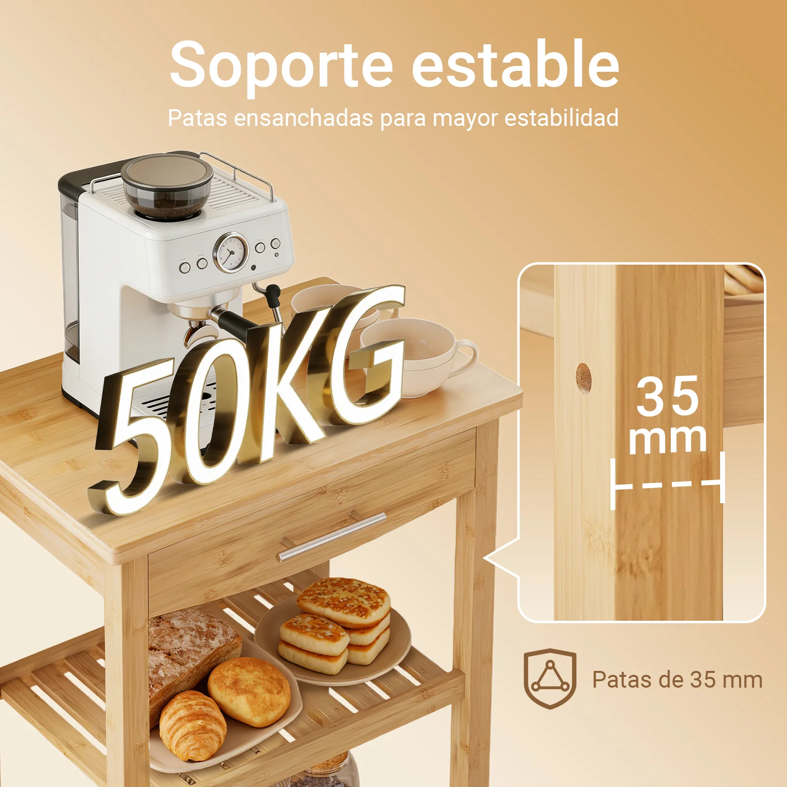 SoBuy FKW135-N Carro de Cocina de Bambú con Cajón y 2 Estantes 58×86×40 cm - Image 6