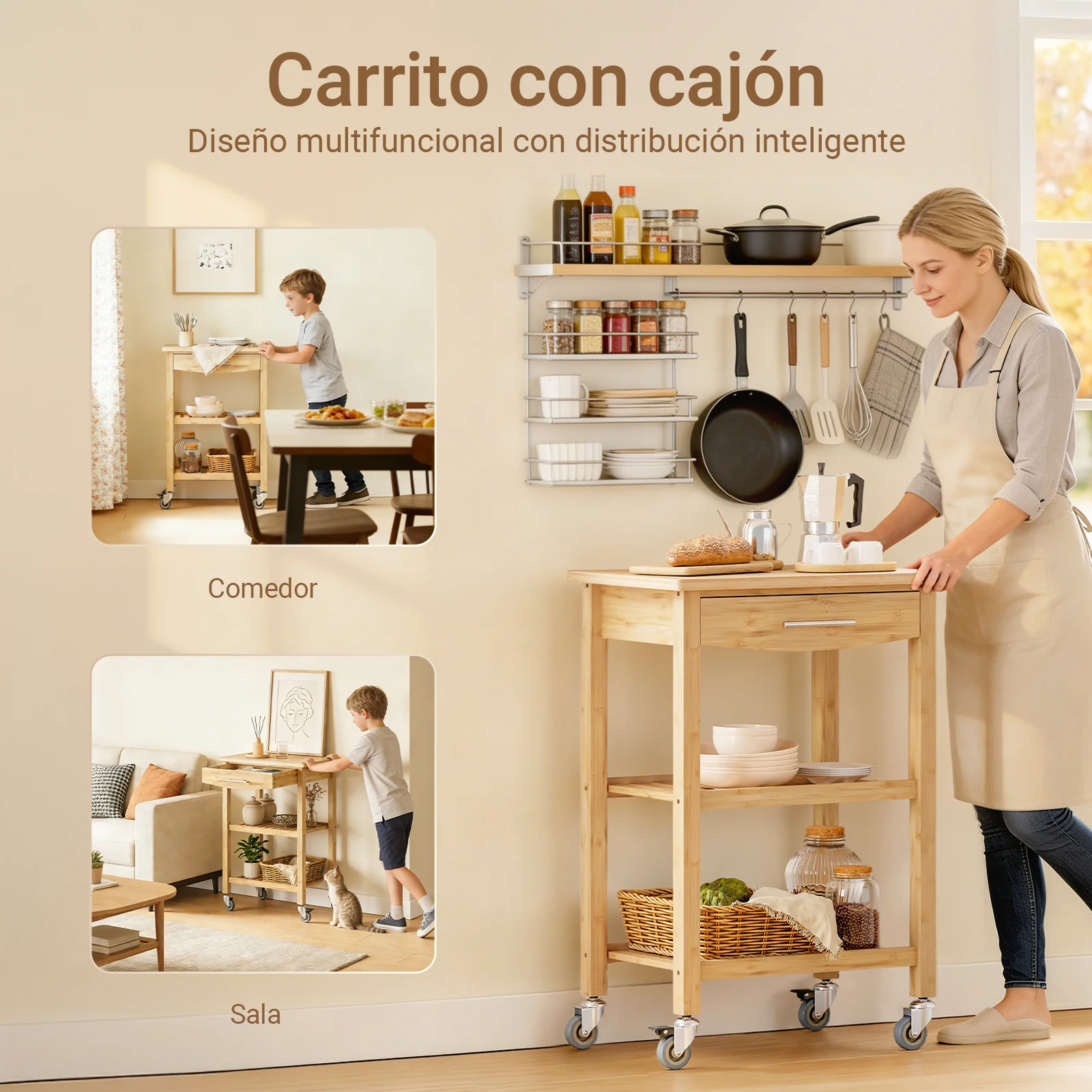 SoBuy FKW135-N Carro de Cocina de Bambú con Cajón y 2 Estantes 58×86×40 cm - Image 8