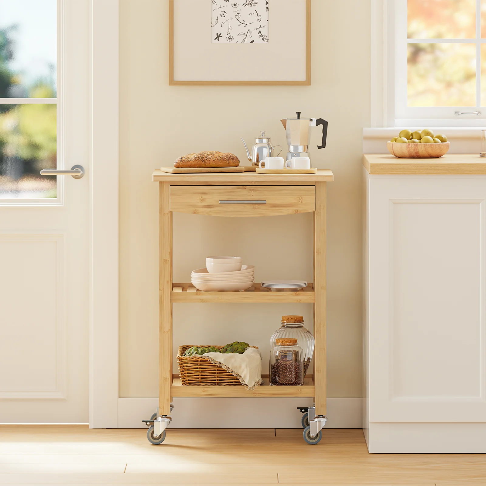 SoBuy FKW135-N Carro de Cocina de Bambú con Cajón y 2 Estantes 58×86×40 cm - Image 9