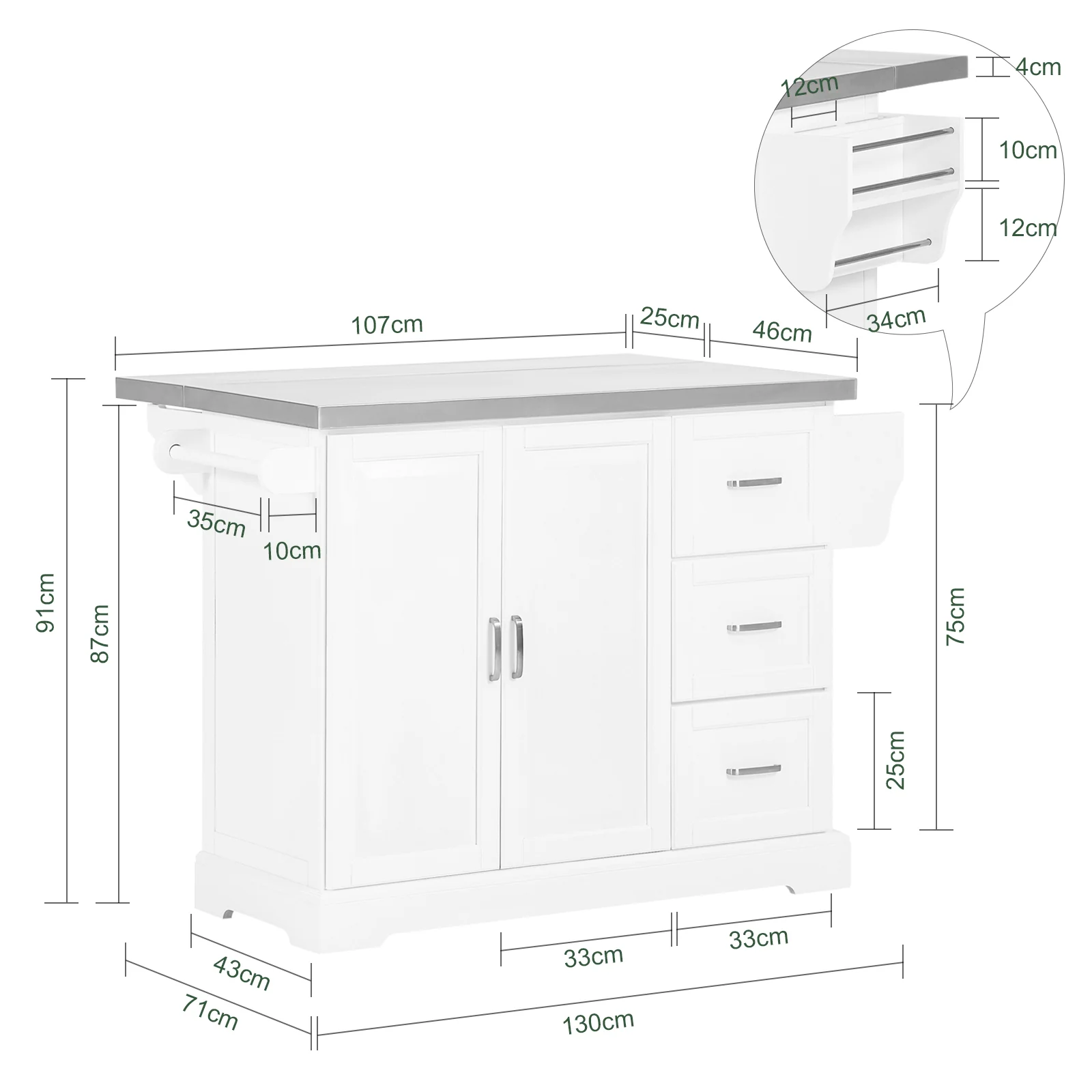 SoBuy FKW41-ST Isla de Cocina con rueda, Piso de Acero con 3 cajones y 2 Puertas - Image 3