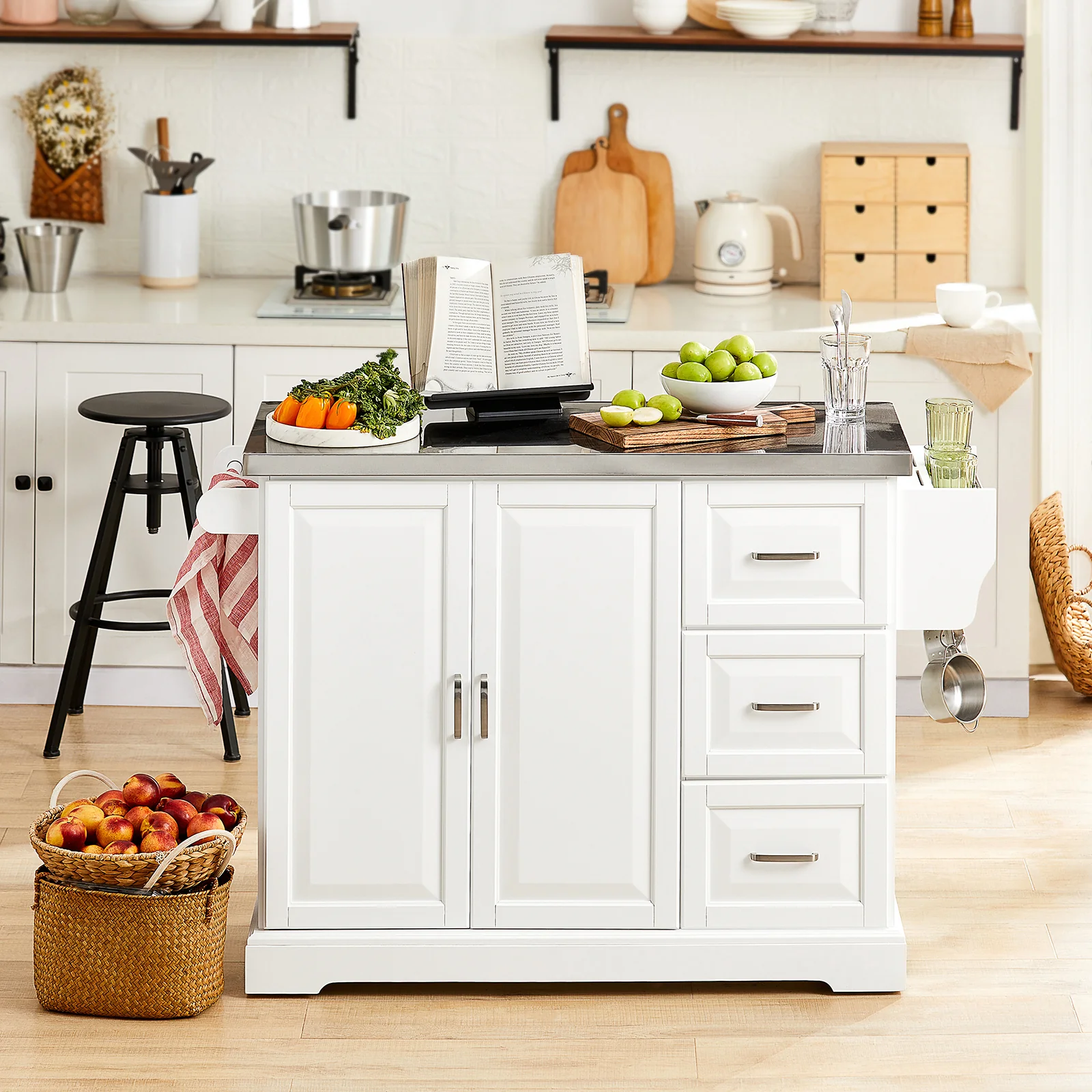 SoBuy FKW41-ST Isla de Cocina con rueda, Piso de Acero con 3 cajones y 2 Puertas - Image 4