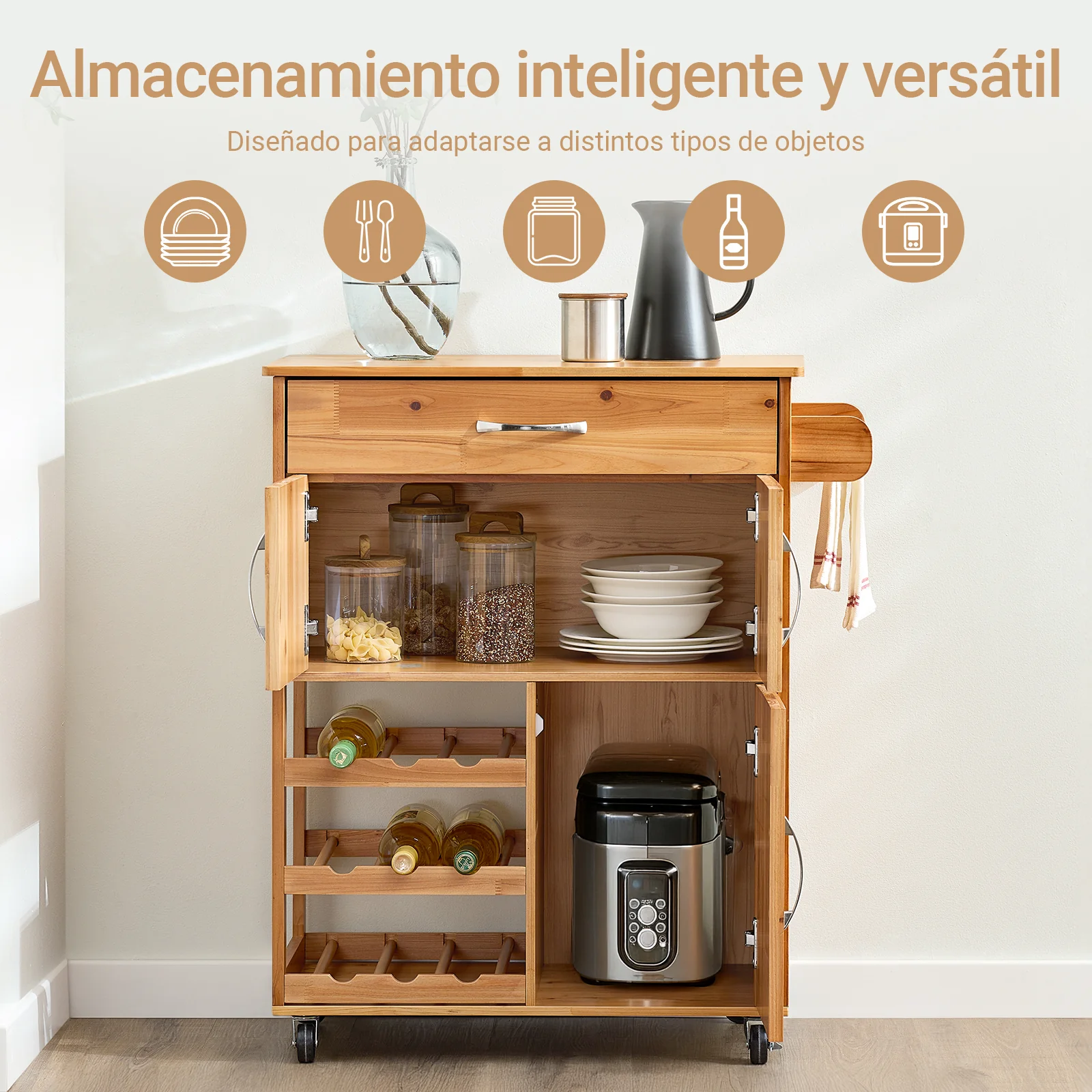 SoBuy FKW45-N Carrito Auxiliar de Cocina con Ruedas de Madera Maciza Natural - Image 2