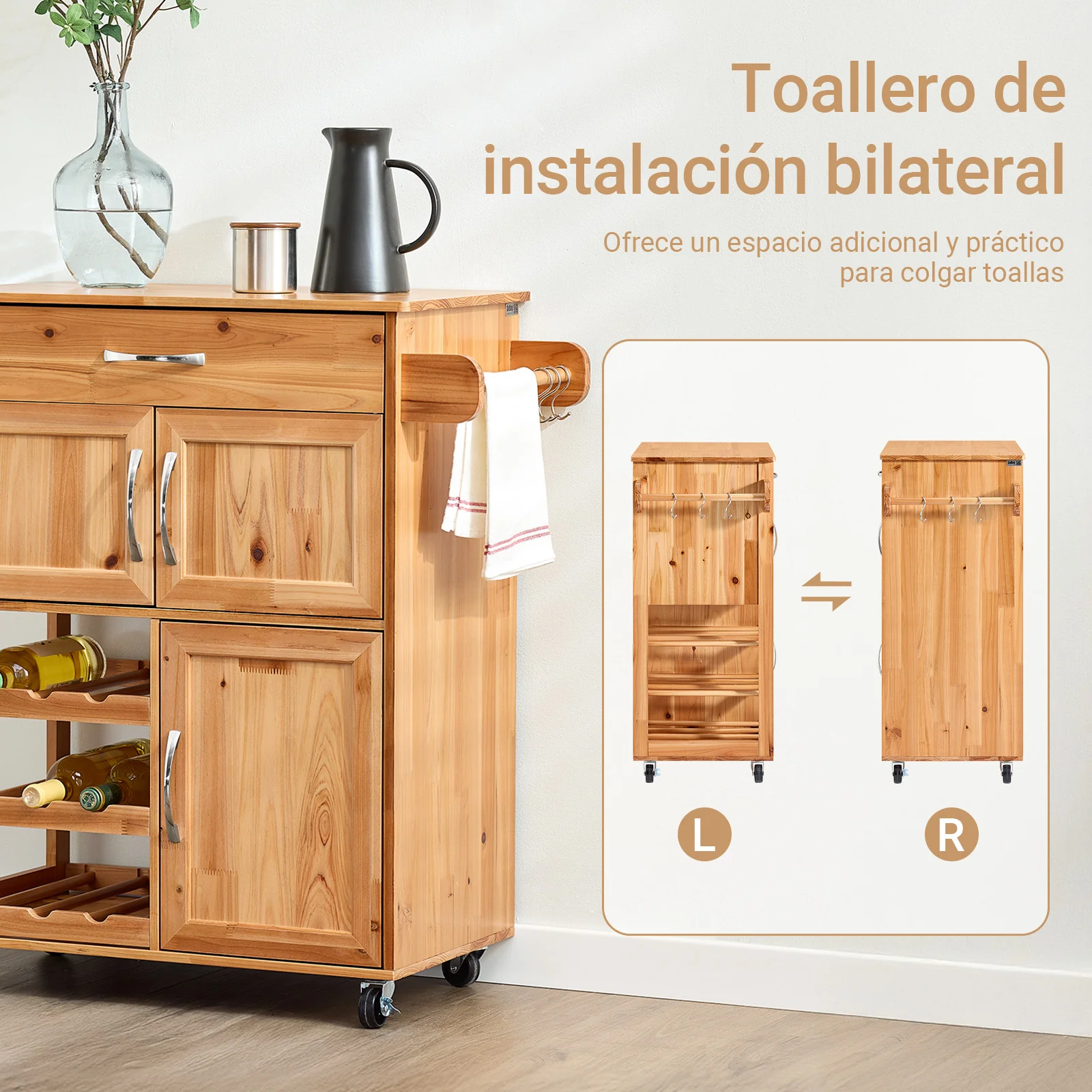 SoBuy FKW45-N Carrito Auxiliar de Cocina con Ruedas de Madera Maciza Natural - Image 4
