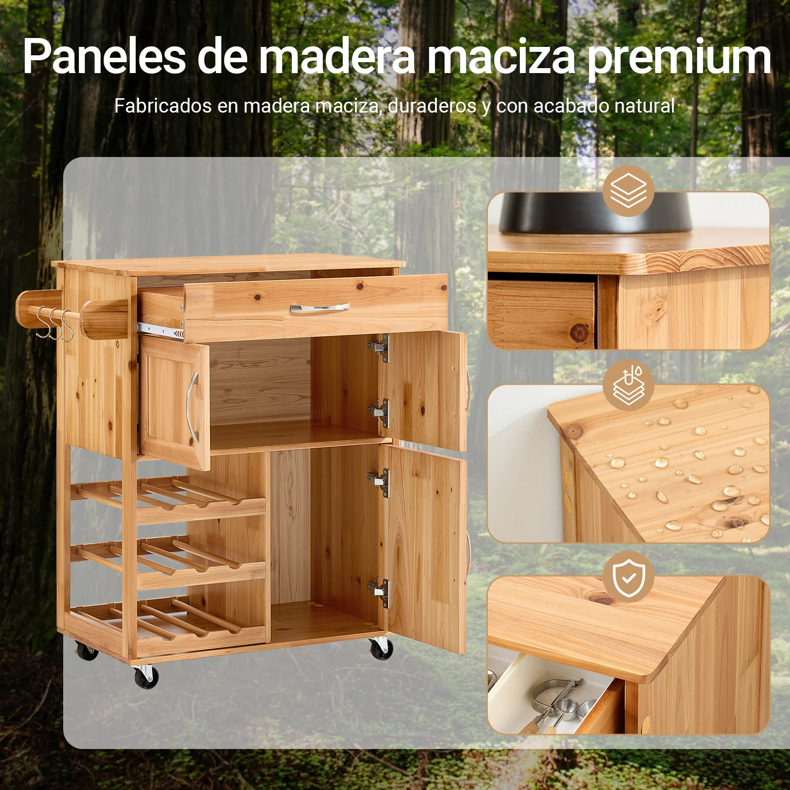 SoBuy FKW45-N Carrito Auxiliar de Cocina con Ruedas de Madera Maciza Natural - Image 5