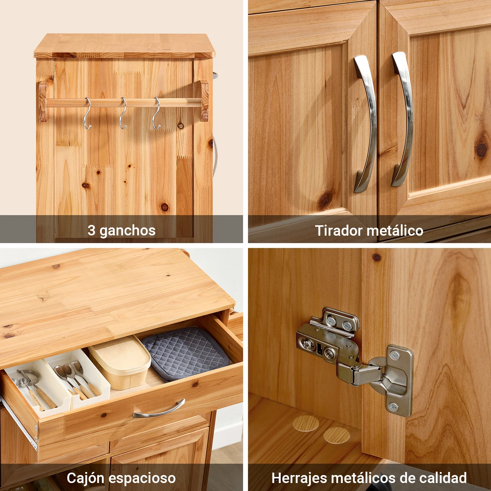 SoBuy FKW45-N Carrito Auxiliar de Cocina con Ruedas de Madera Maciza Natural - Image 7