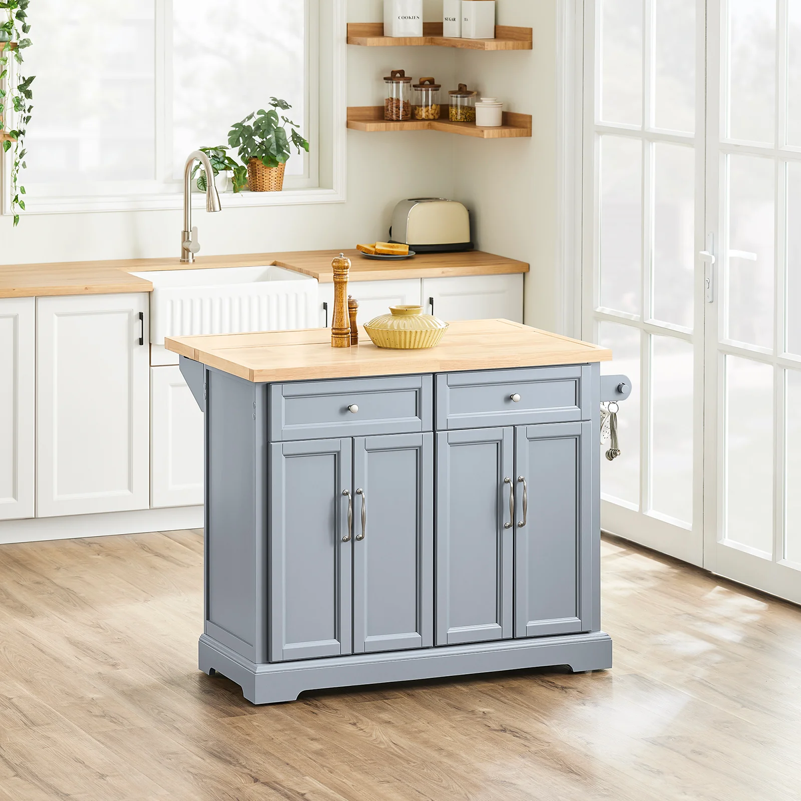 SoBuy FKW71-II-HG Isla de Cocina con Ruedas con 2 cajones y 4 Puertas Gris - Image 4
