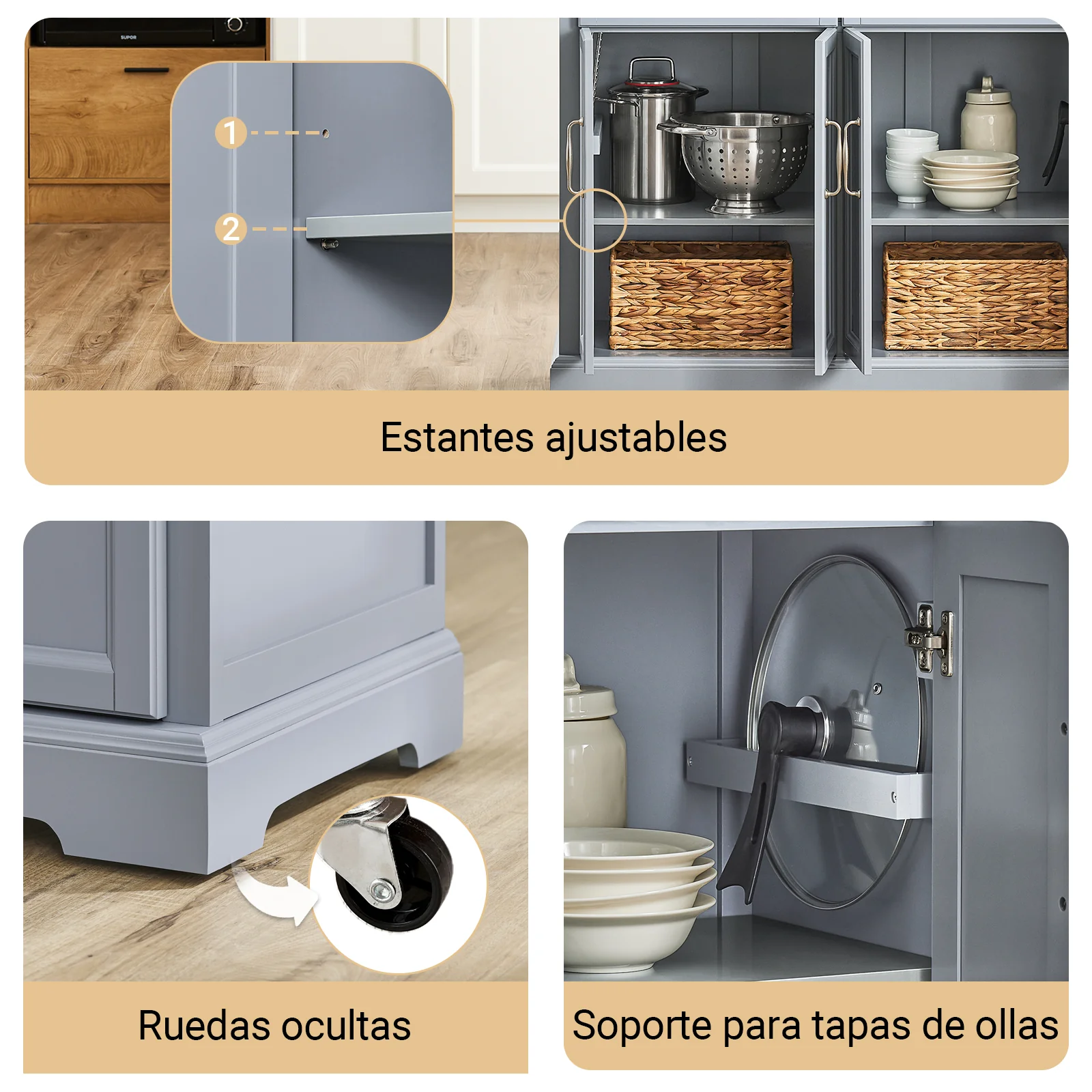 SoBuy FKW71-II-HG Isla de Cocina con Ruedas con 2 cajones y 4 Puertas Gris - Image 7