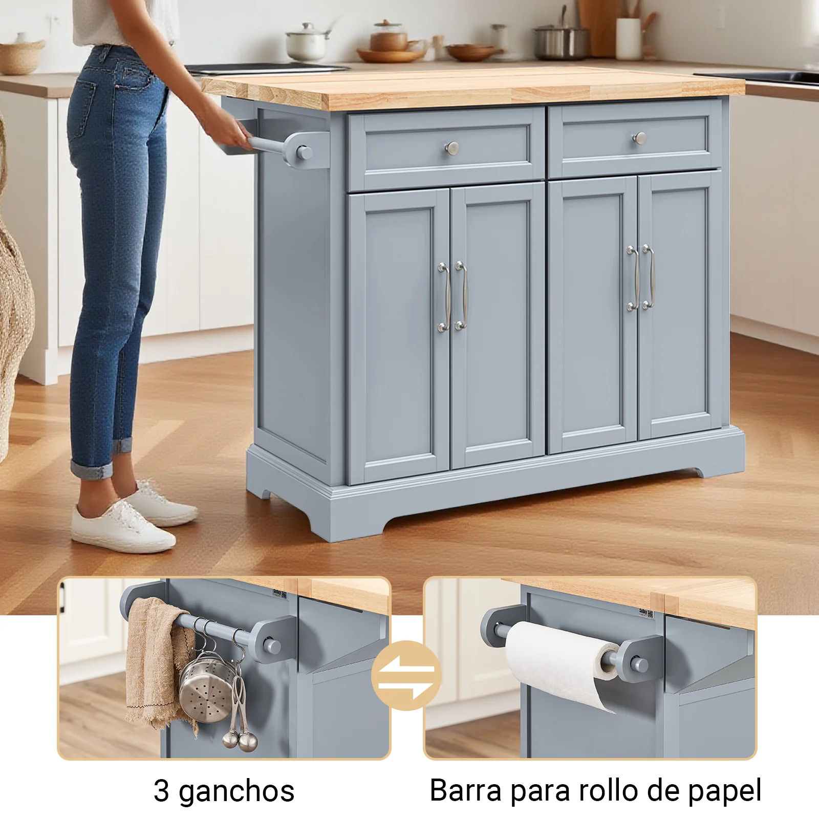 SoBuy FKW71-II-HG Isla de Cocina con Ruedas con 2 cajones y 4 Puertas Gris - Image 8