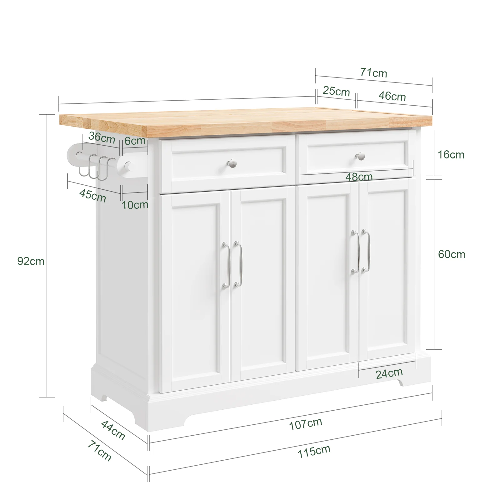 SoBuy FKW71-III-WN Isla de Cocina con ruedas 2 cajones y 4 Puertas Blanco 115x(46-71)x92cm - Image 3