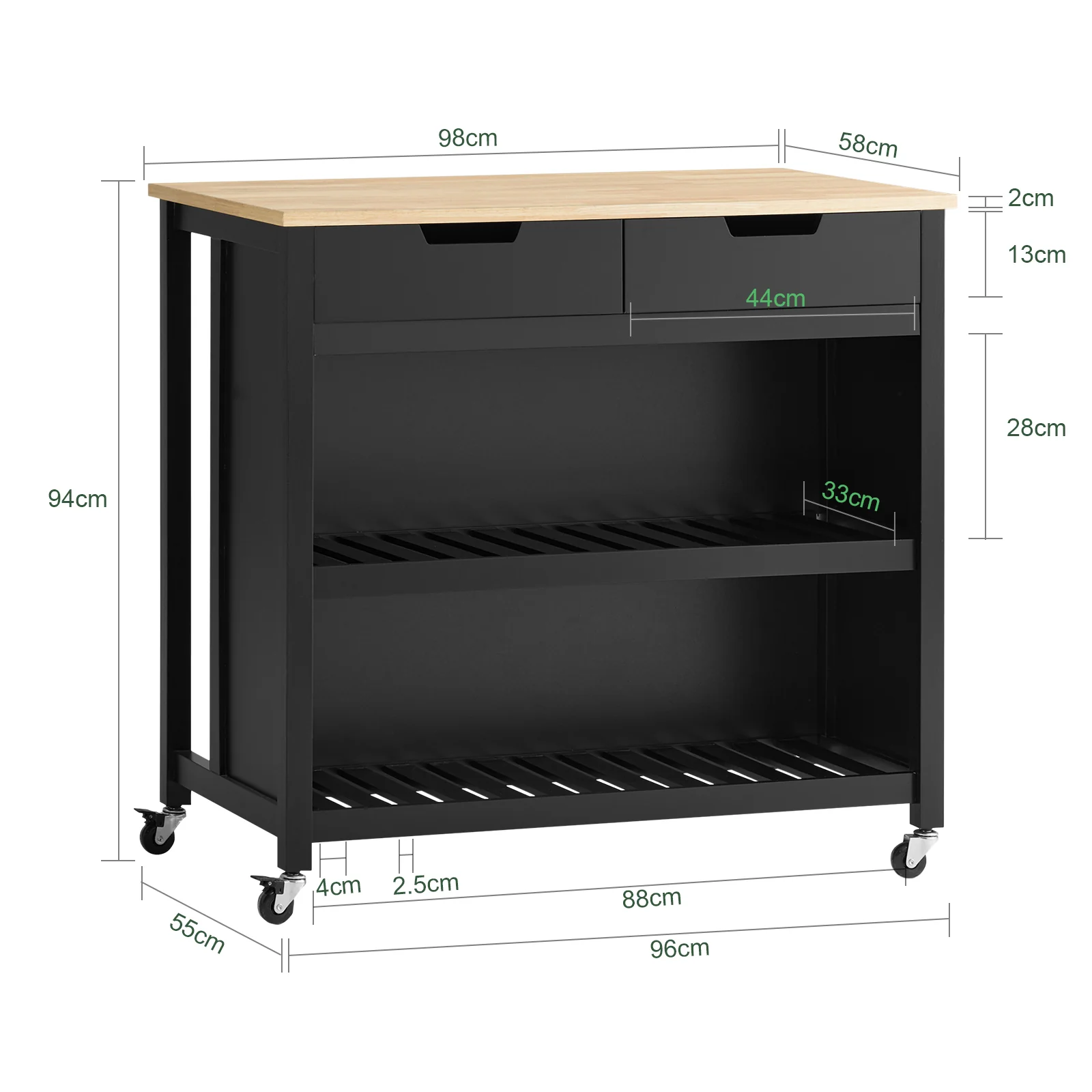 SoBuy FKW74-SCH Carrito de Cocina con 2 cajones y 2 Estantes Negro - Image 3
