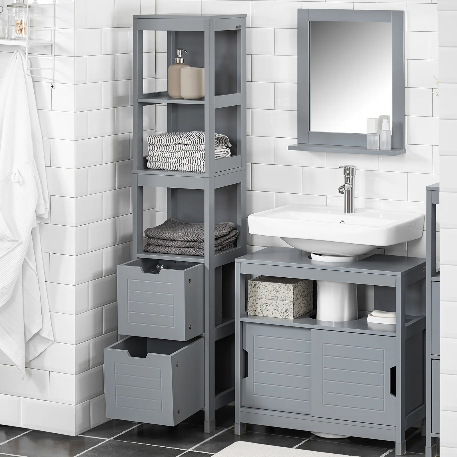 SoBuy FRG126-SG Armario alto de Baño con 3 Estantes y 2 cajones Gris - Image 4
