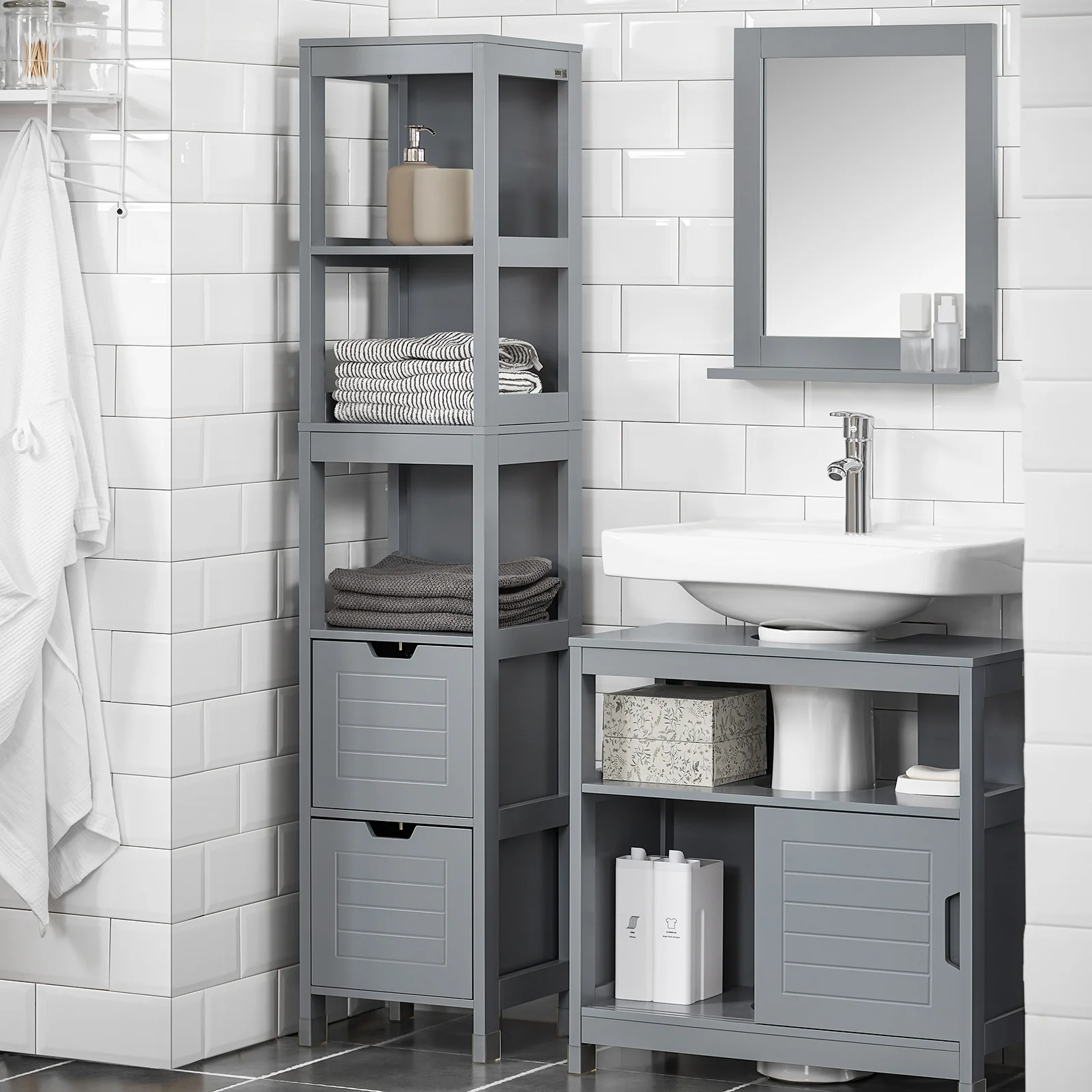 SoBuy FRG126-SG Armario alto de Baño con 3 Estantes y 2 cajones Gris - Image 5