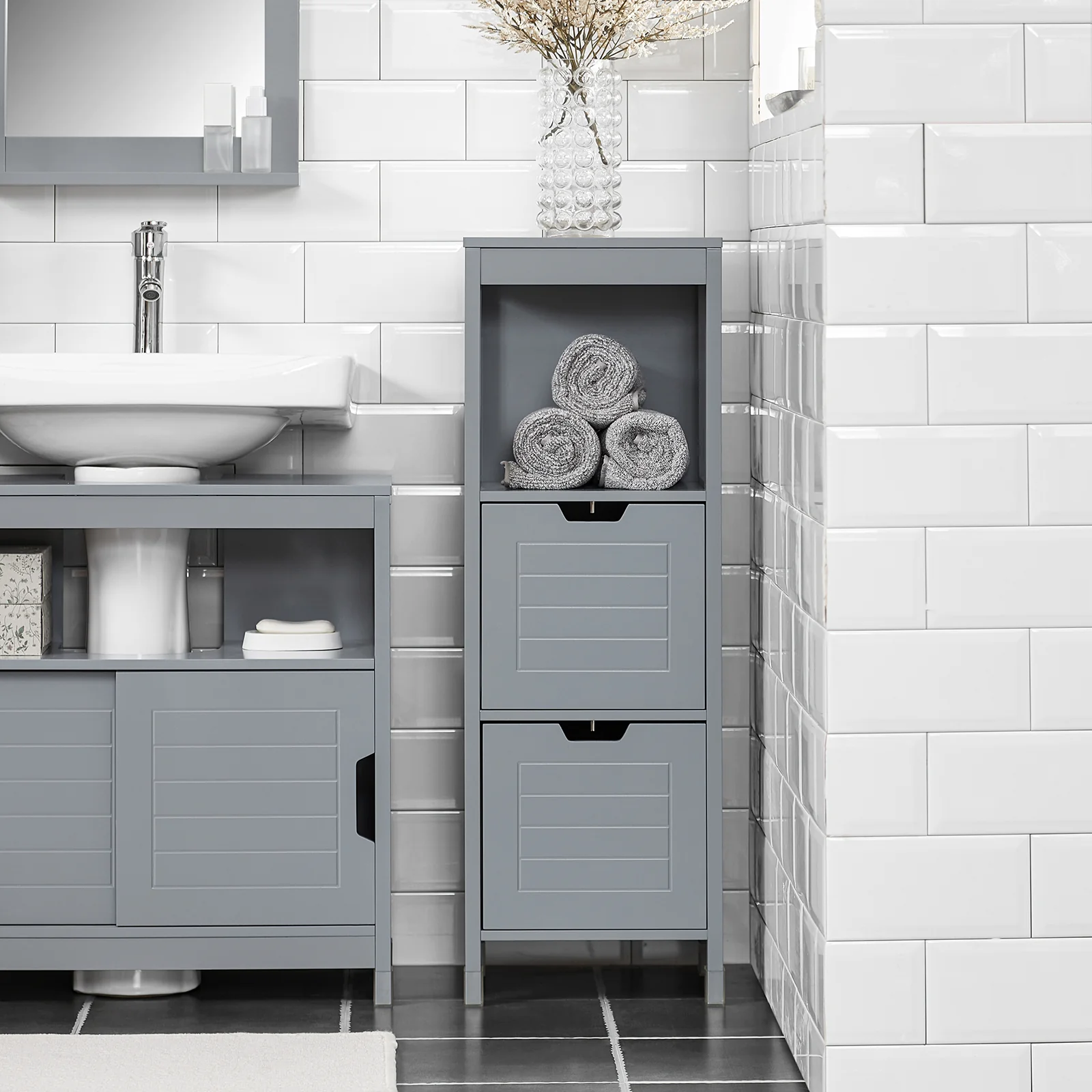 SoBuy FRG127-SG Mueble Columna de Baño con 1 Estante y 2 cajónes Gris - Image 4