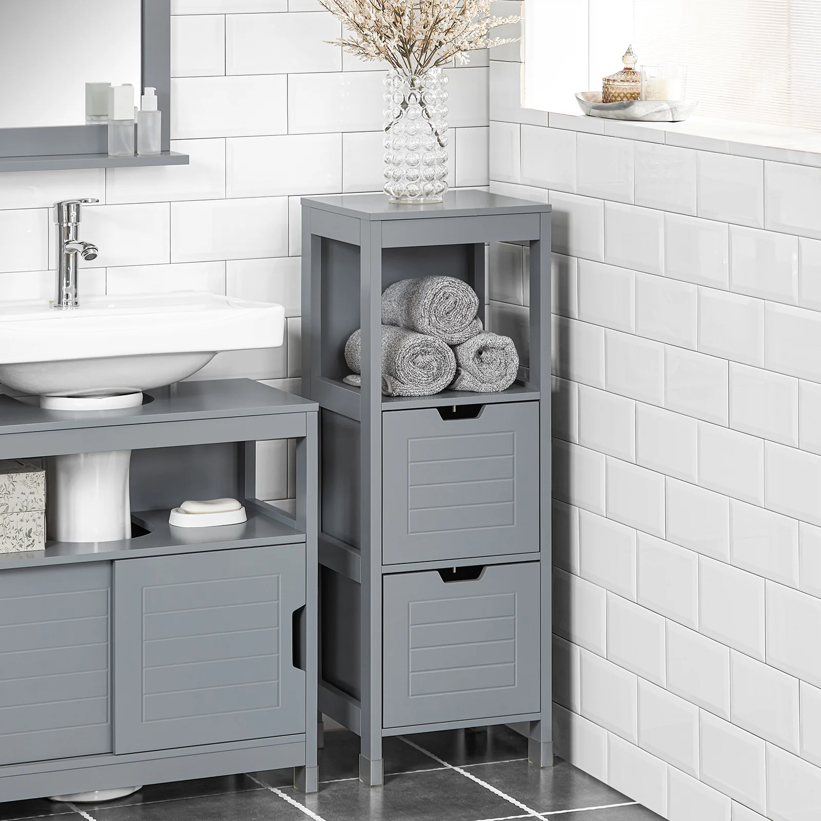 SoBuy FRG127-SG Mueble Columna de Baño con 1 Estante y 2 cajónes Gris - Image 5