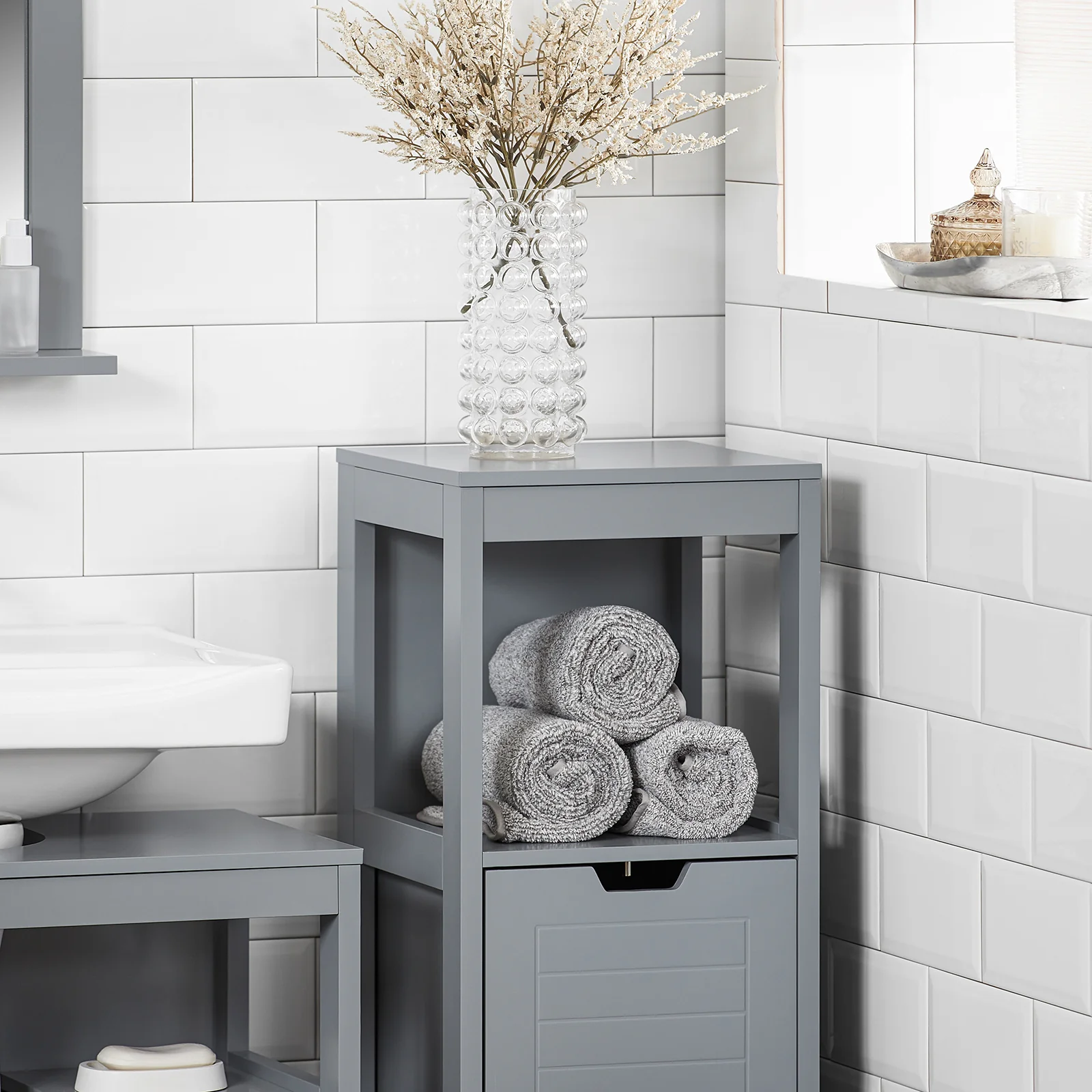 SoBuy FRG127-SG Mueble Columna de Baño con 1 Estante y 2 cajónes Gris - Image 6