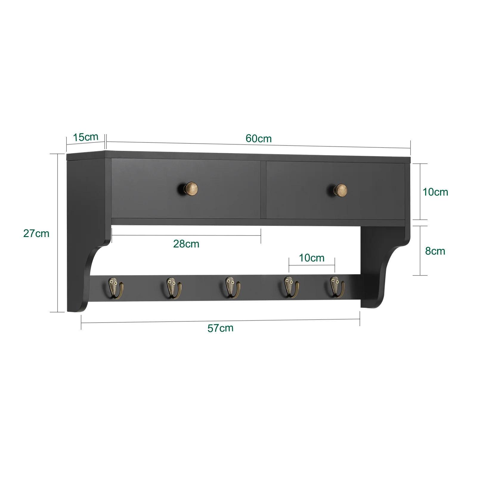 SoBuy FRG178-SCH Estantería moderna de pared con 5 ganchos y 2 cajones 60 x 15 x 27 cm - Image 3