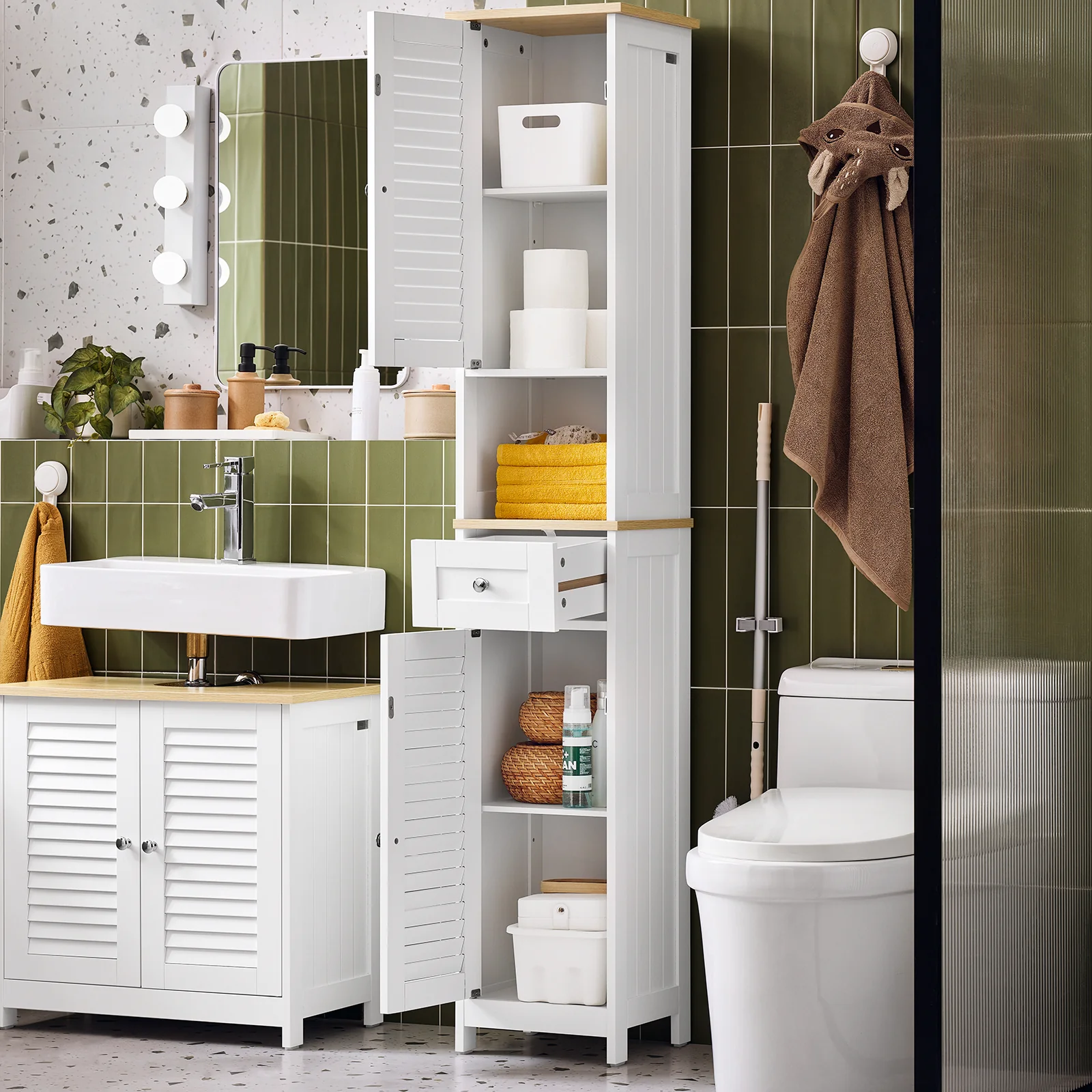 SoBuy FRG236-WN Armario de Baño con 1 Compartimento Abierto 2 Puertas y 1 Cajón 32 x 30 x170cm - Image 4