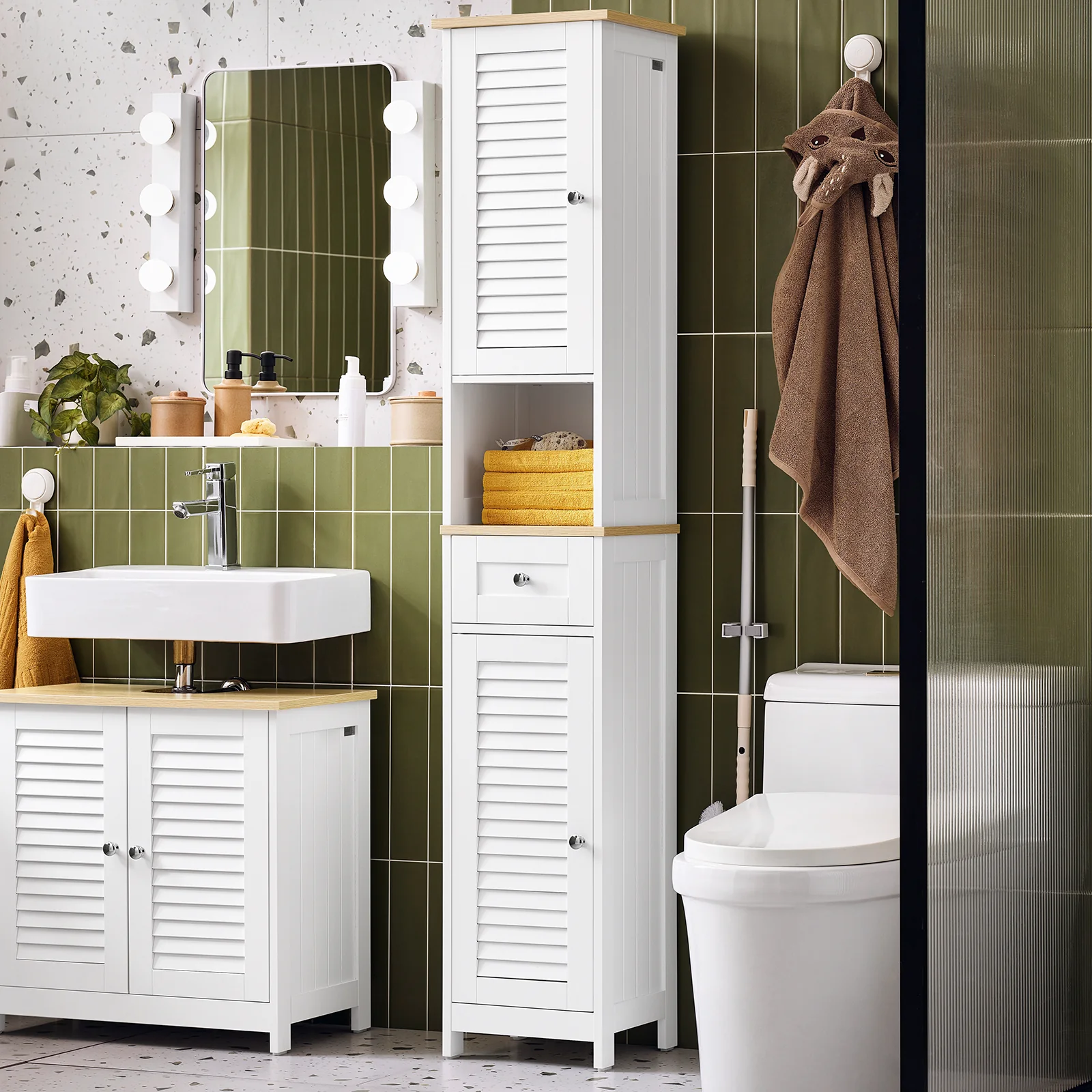 SoBuy FRG236-WN Armario de Baño con 1 Compartimento Abierto 2 Puertas y 1 Cajón 32 x 30 x170cm - Image 5