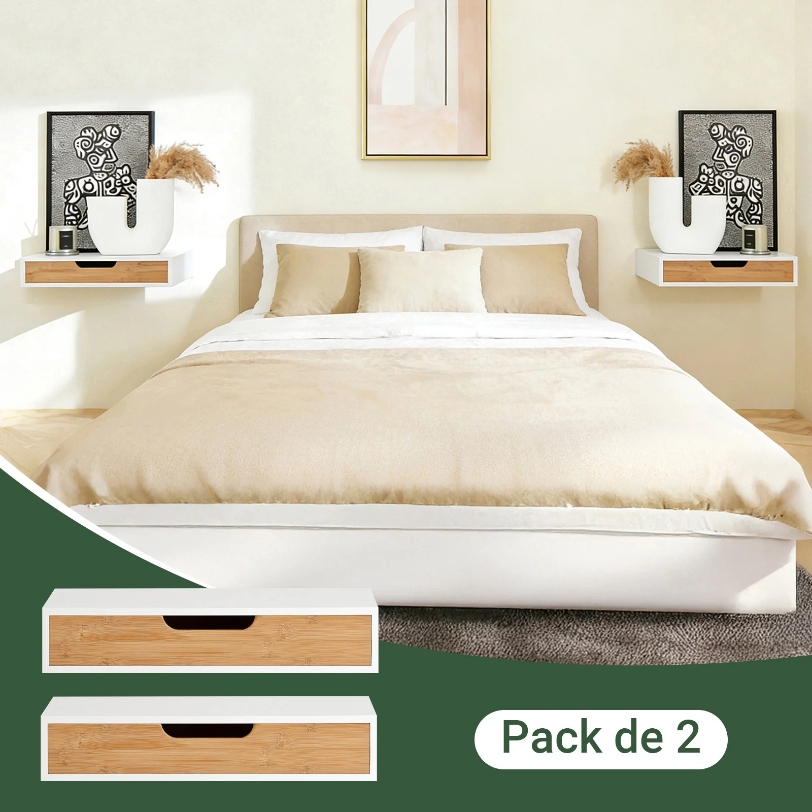SoBuy FRG92-WNx2 Set de 2 Estante Flotante con Cajón Blanco & Natural 40x24x8cm - Image 2