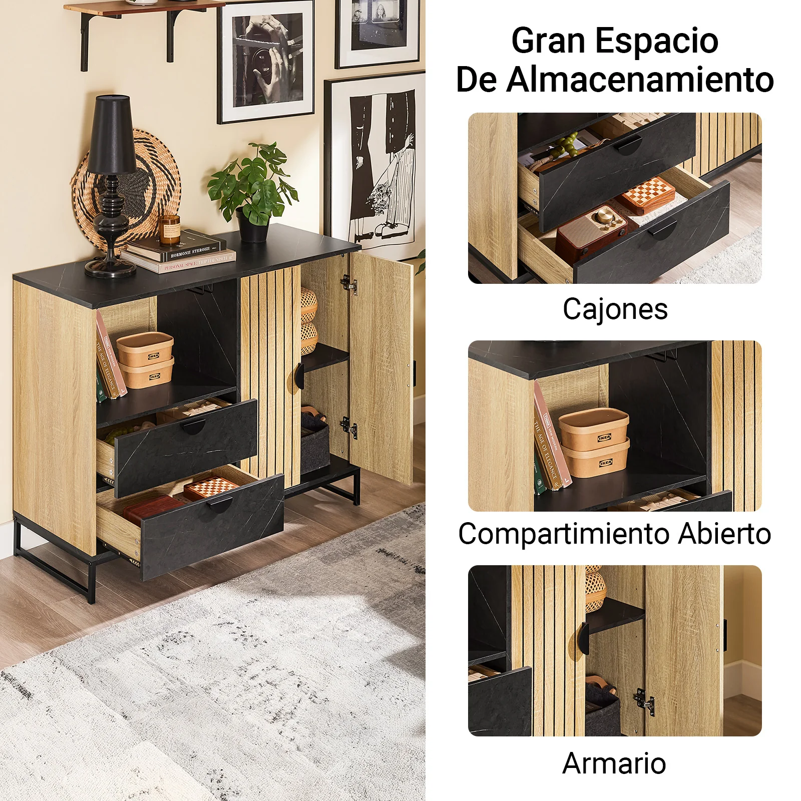 SoBuy FSB103-N Aparador de cocina y salón con hueco para microondas (Ø6 cm) y portacopas roble/negro - Image 3