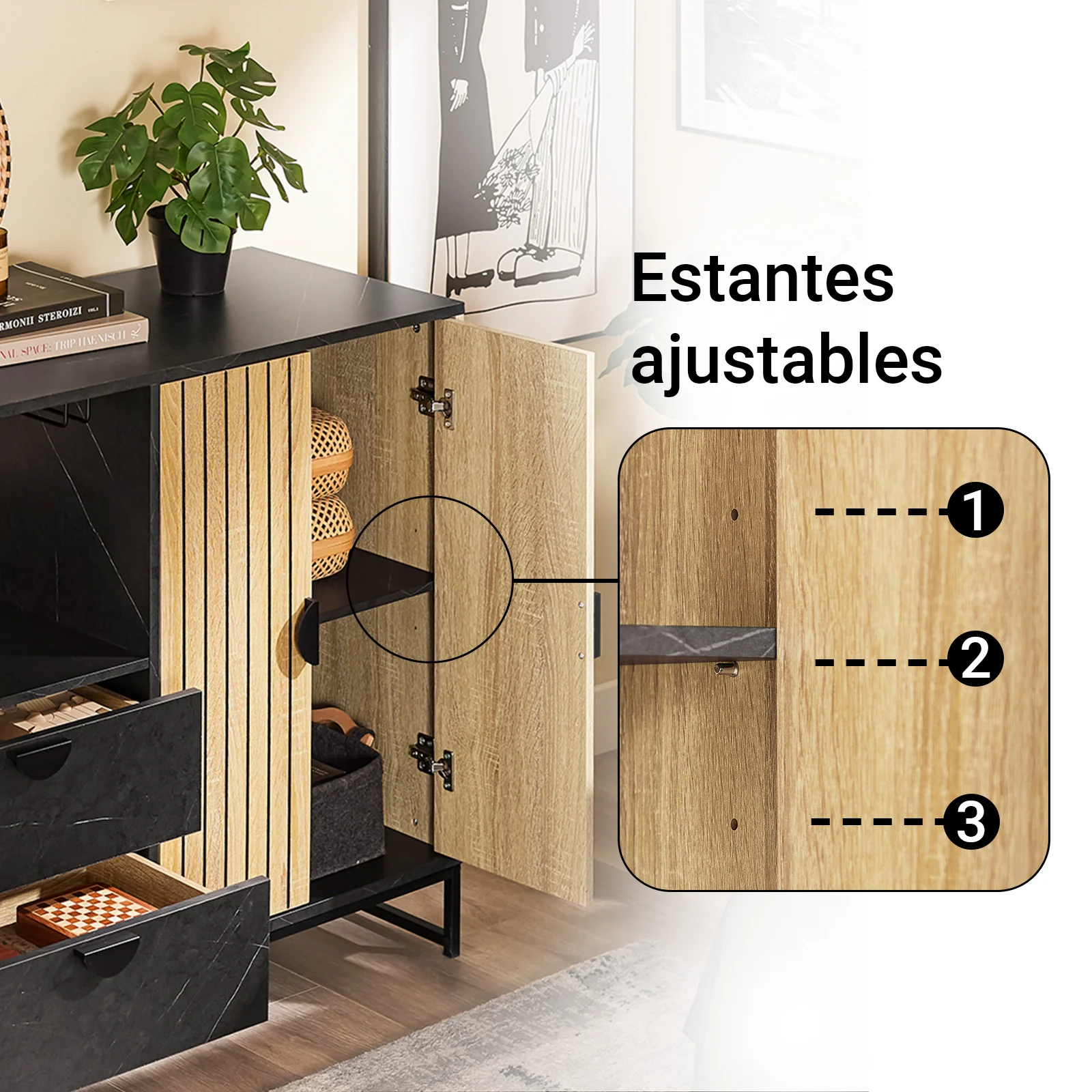 SoBuy FSB103-N Aparador de cocina y salón con hueco para microondas (Ø6 cm) y portacopas roble/negro - Image 5