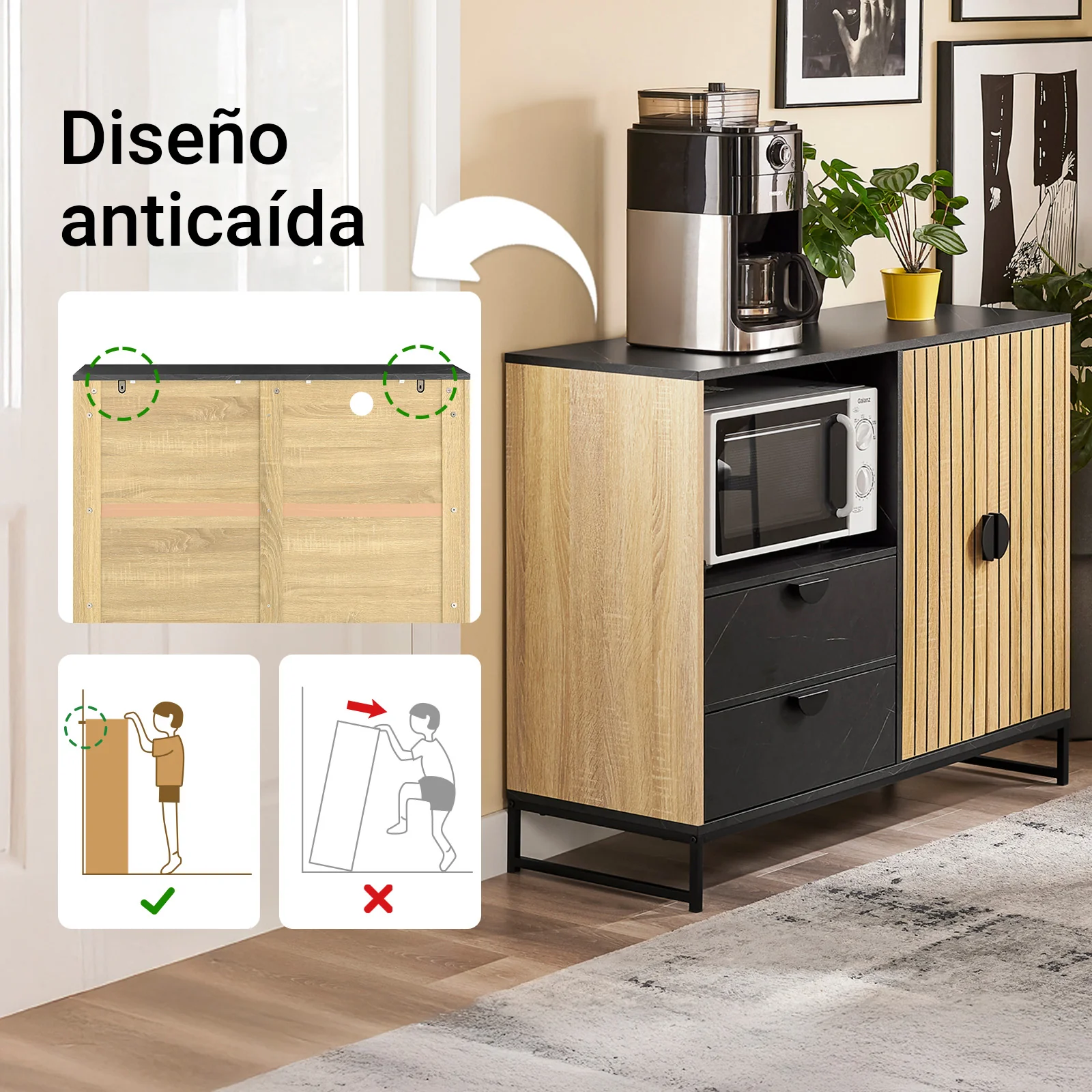 SoBuy FSB103-N Aparador de cocina y salón con hueco para microondas (Ø6 cm) y portacopas roble/negro - Image 6