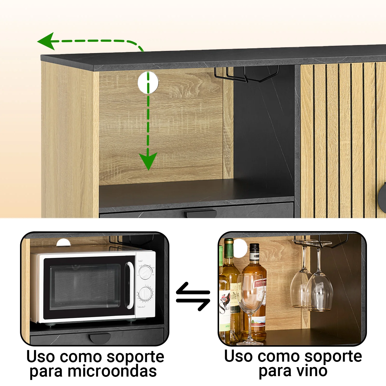 SoBuy FSB103-N Aparador de cocina y salón con hueco para microondas (Ø6 cm) y portacopas roble/negro - Image 8