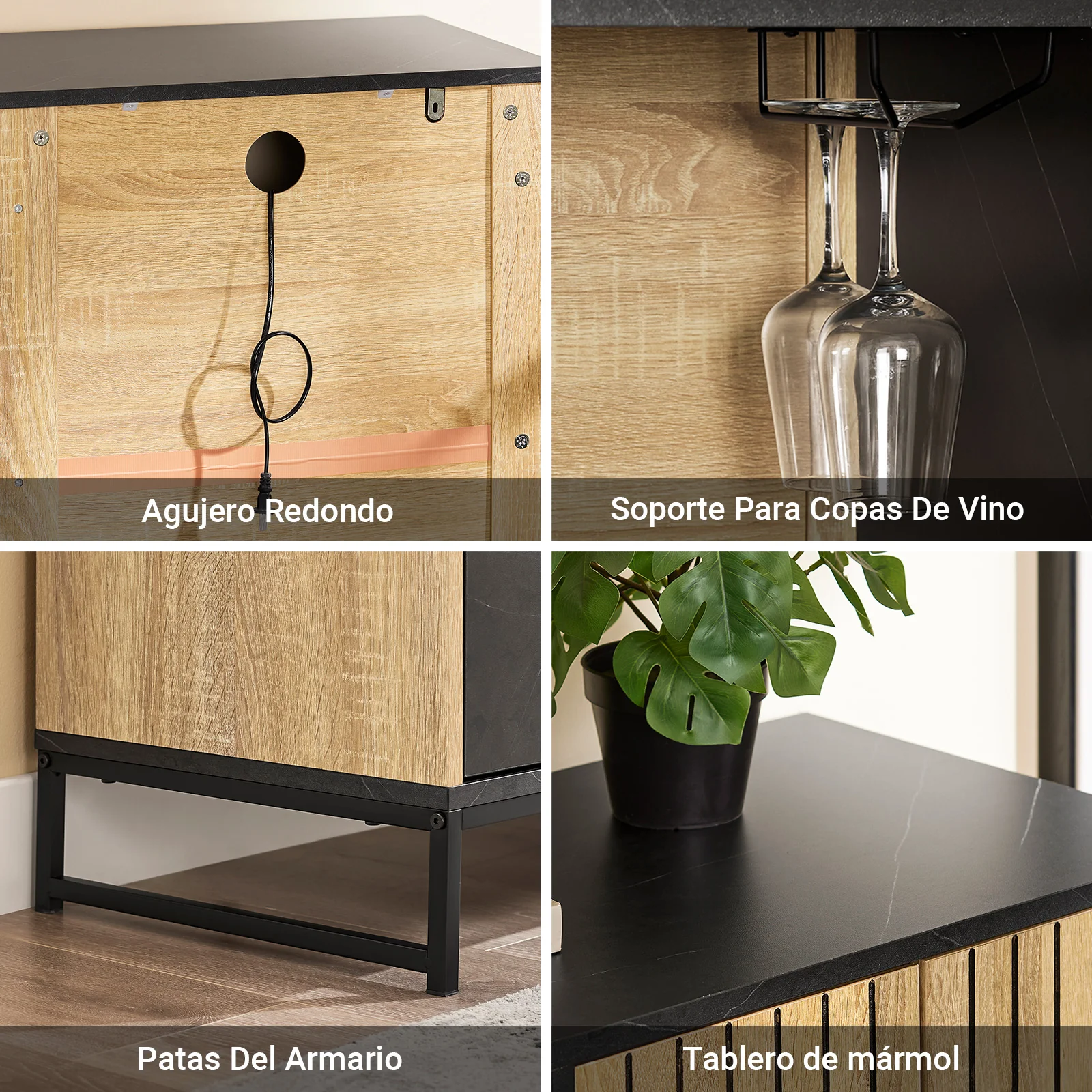 SoBuy FSB103-N Aparador de cocina y salón con hueco para microondas (Ø6 cm) y portacopas roble/negro - Image 9
