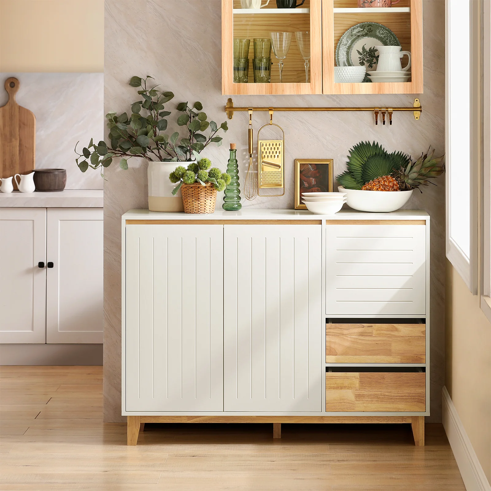 SoBuy FSB75-WN Aparador de Cocina Buffet para Entrada con 3 Puertas y 2 Cajones - Image 4