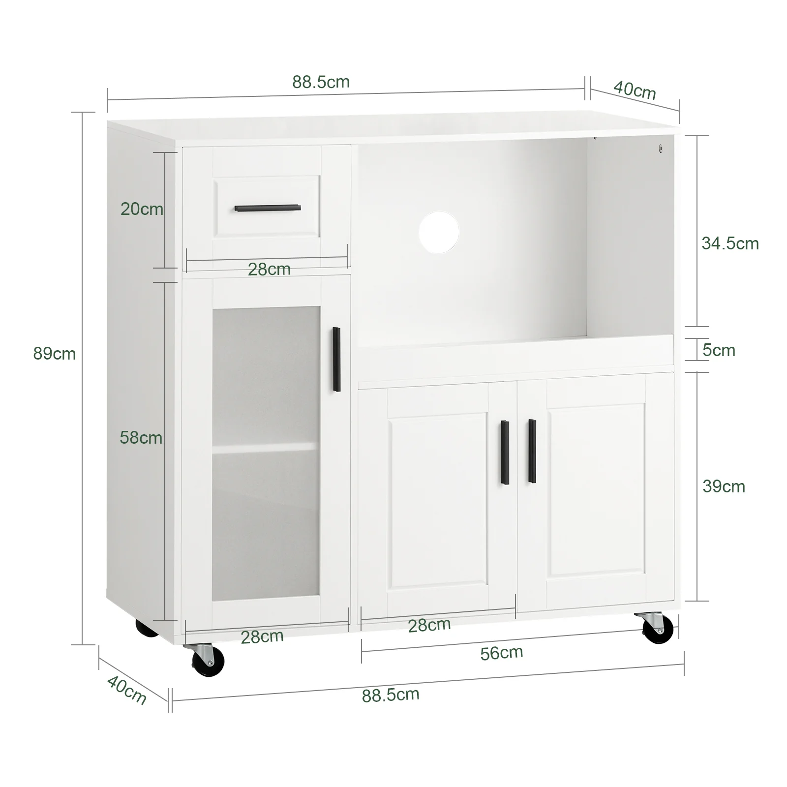 SoBuy FSB78-W Aparador de Cocina para Microondas con Ruedas con 3 Puertas y 1 Cajón - Image 3
