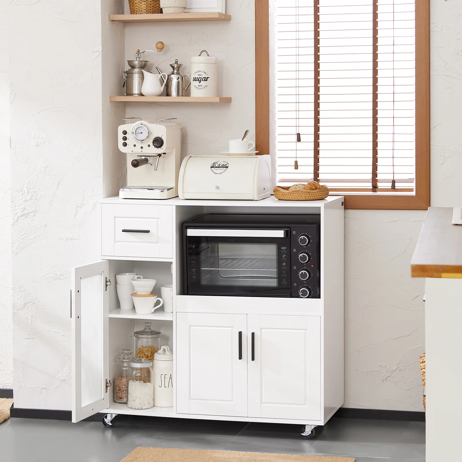 SoBuy FSB78-W Aparador de Cocina para Microondas con Ruedas con 3 Puertas y 1 Cajón - Image 5
