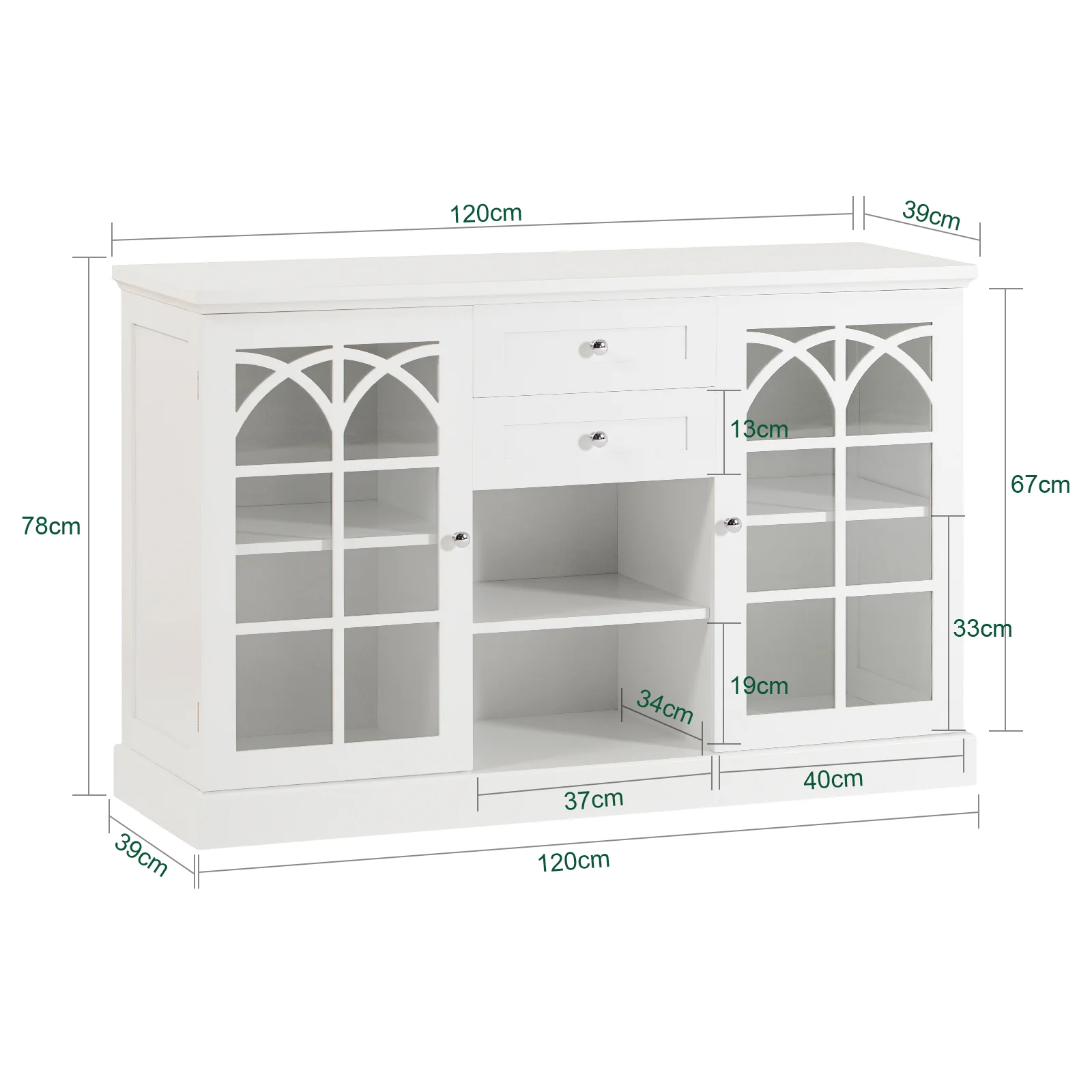 SoBuy FSB79-W Aparador Cocina Mueble Vitrina de Cristal con 2 Puertas y 2 Cajones Blanco - Image 3
