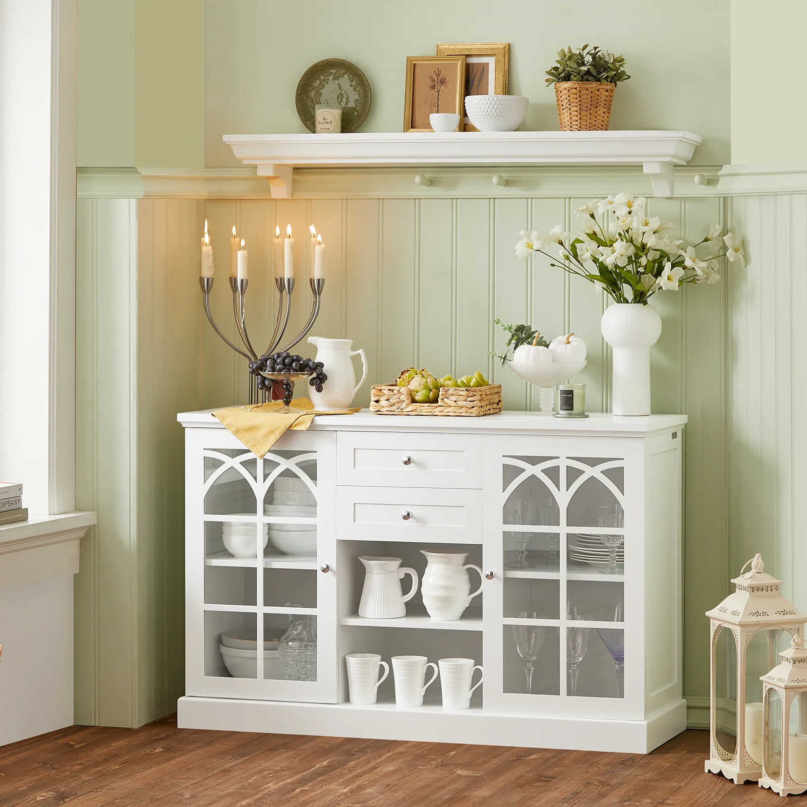 SoBuy FSB79-W Aparador Cocina Mueble Vitrina de Cristal con 2 Puertas y 2 Cajones Blanco - Image 5