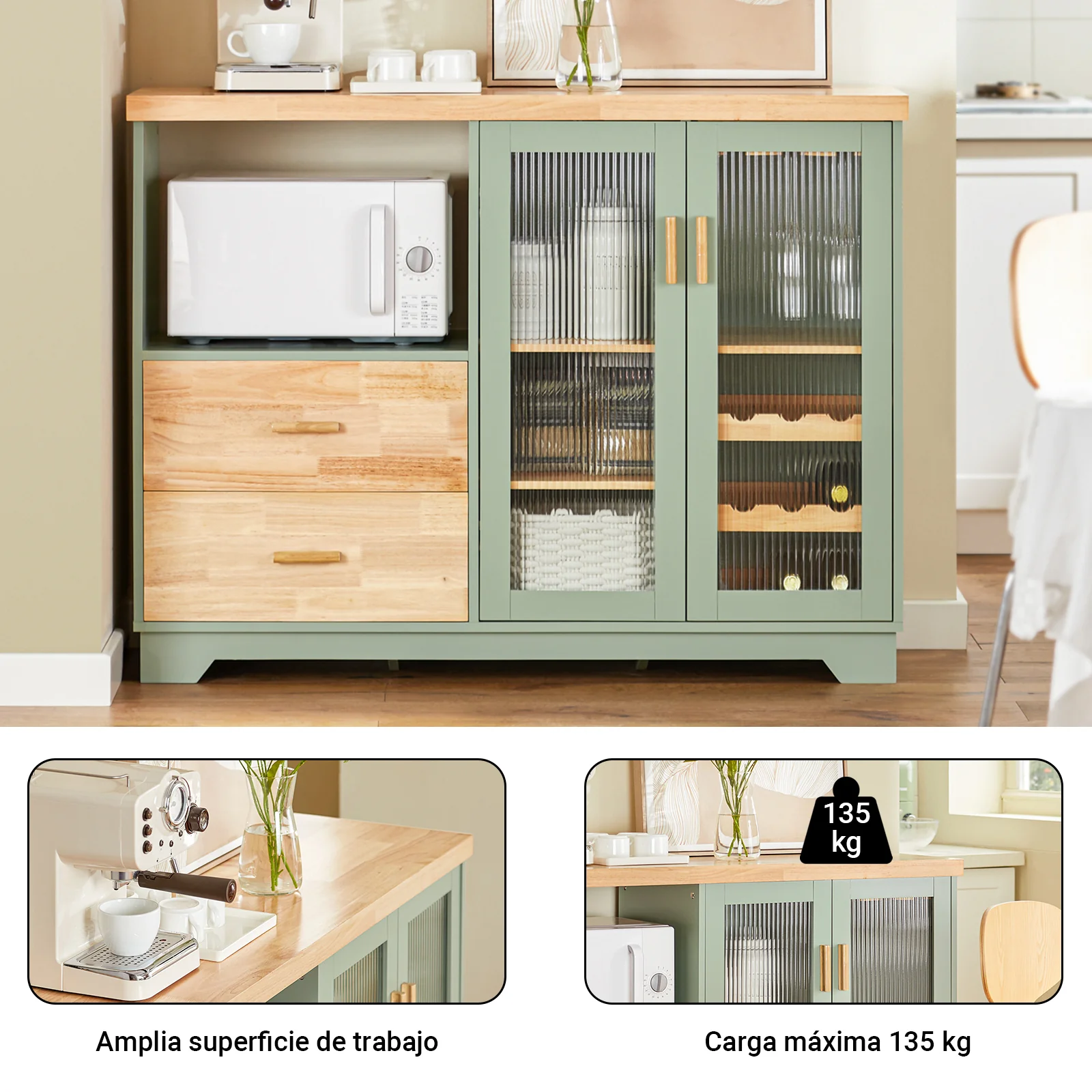SoBuy FSB81-GR Aparador Cocina Verde 120cm con Botellero, Microondas y 2 Cajones - Image 4