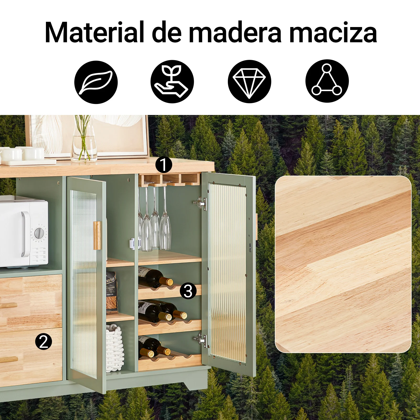 SoBuy FSB81-GR Aparador Cocina Verde 120cm con Botellero, Microondas y 2 Cajones - Image 5