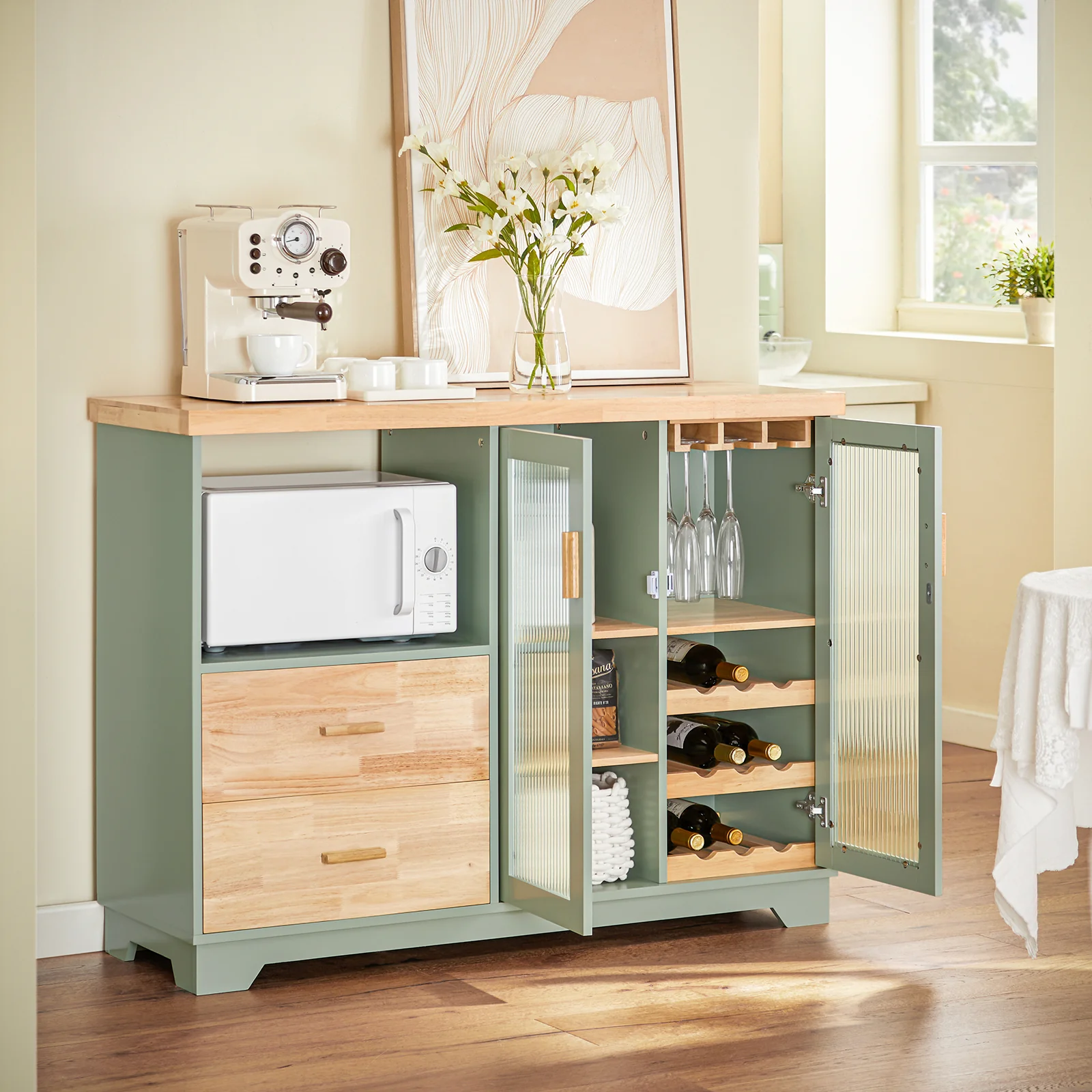 SoBuy FSB81-GR Aparador Cocina Verde 120cm con Botellero, Microondas y 2 Cajones - Image 8