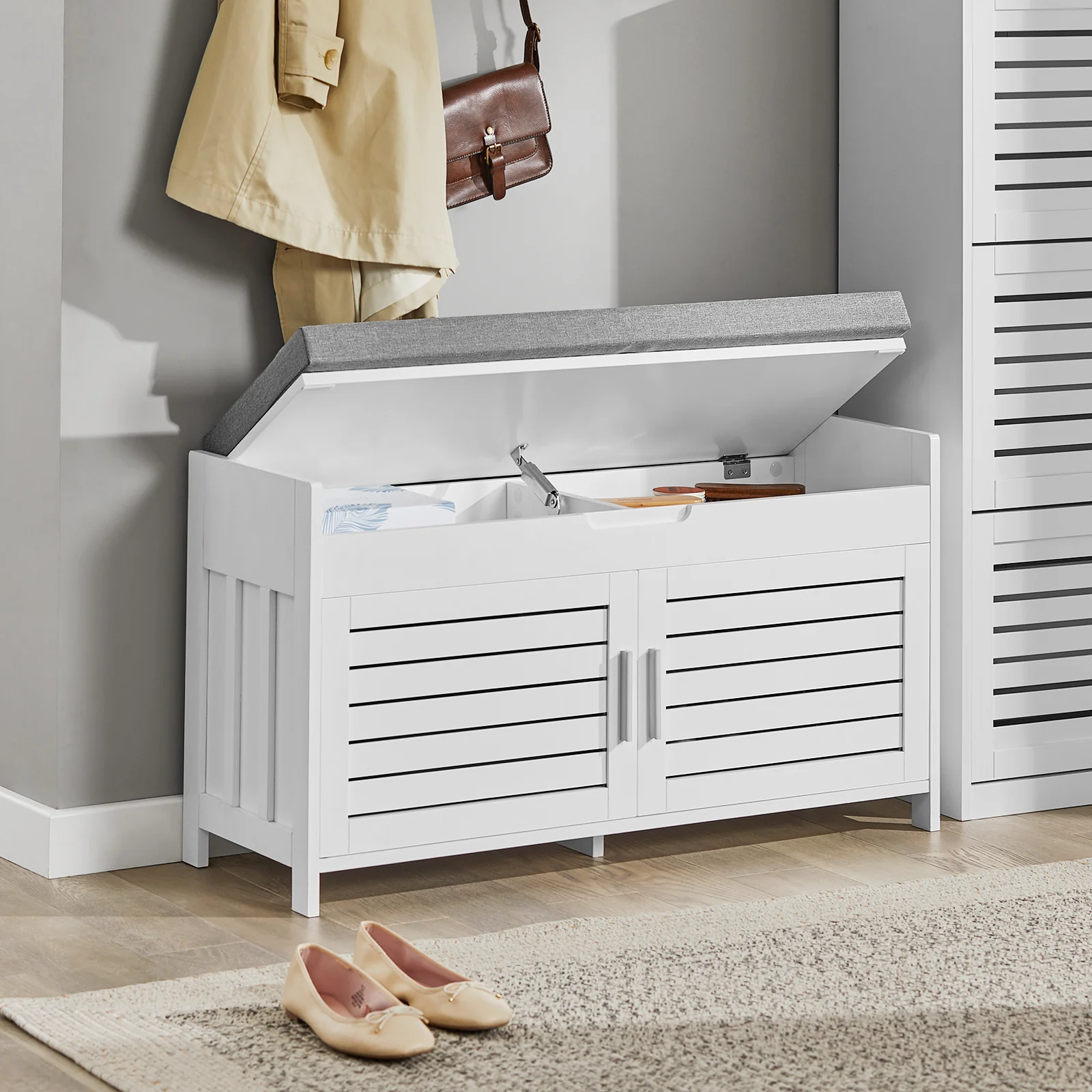 SoBuy FSR102-W Banco Zapatero con 2 Puertas Blanco 90x33x50 cm - Image 5