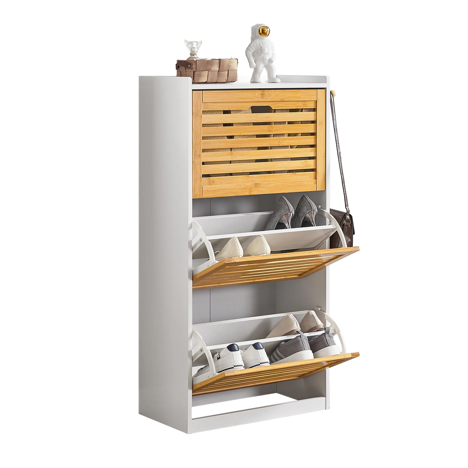 Preventa-SoBuy FSR108-WN Zapatero con 3 solapas y 2 Ganchos Blanco/Madera