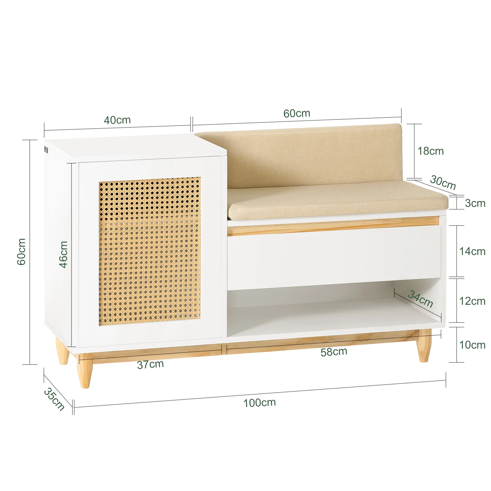 SoBuy FSR128-W Banco Zapatero con 2 Estantes 1 Cajón y 1 Puerta Beige Blanco - Image 3