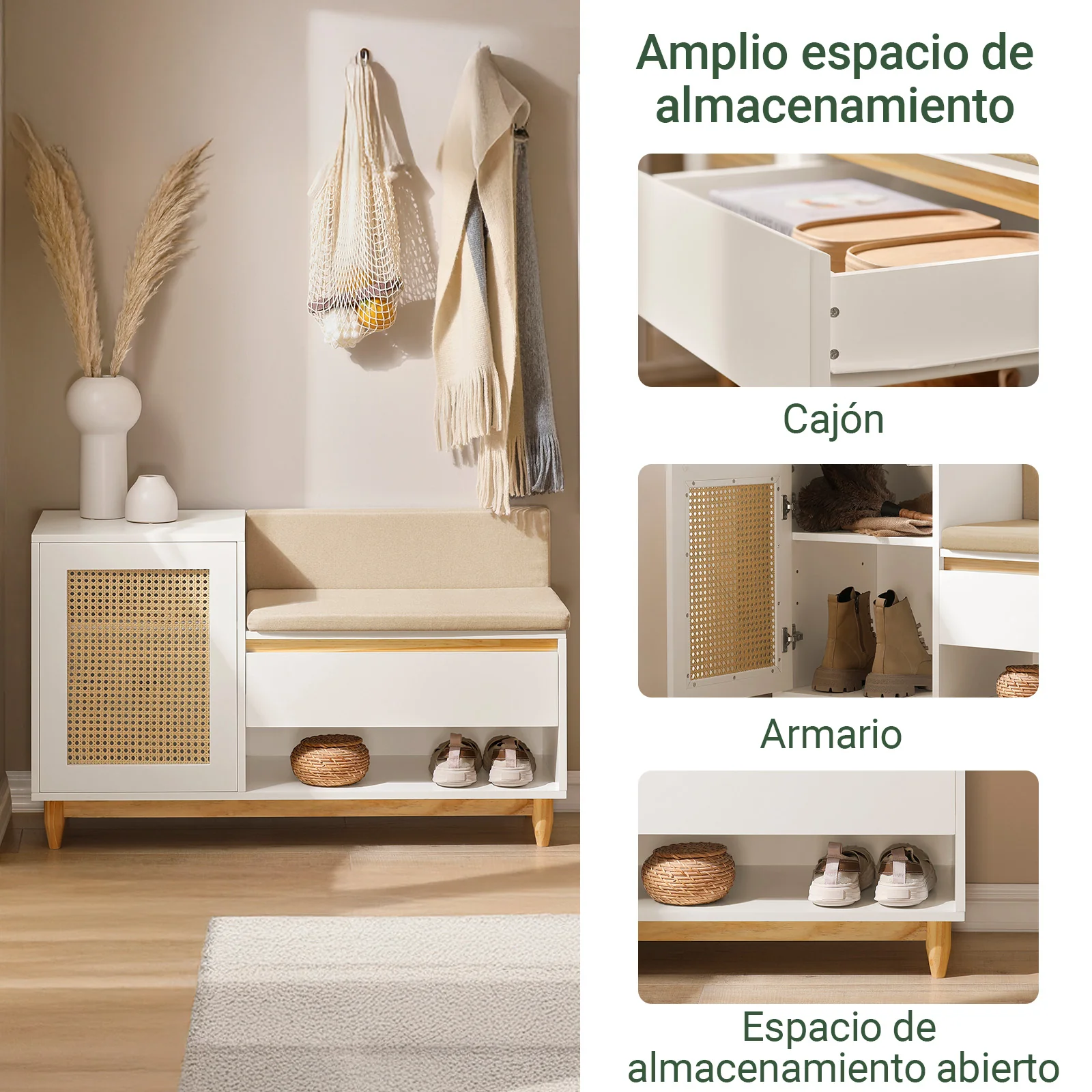 SoBuy FSR128-W Banco Zapatero con 2 Estantes 1 Cajón y 1 Puerta Beige Blanco - Image 4