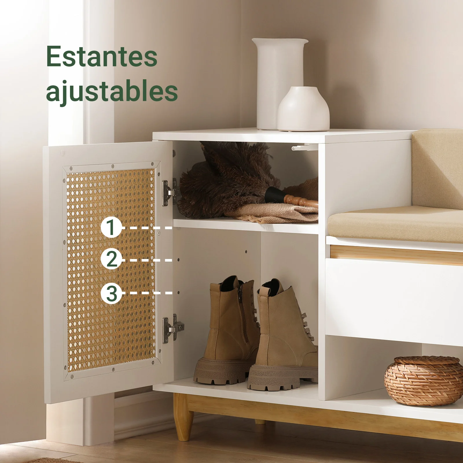 SoBuy FSR128-W Banco Zapatero con 2 Estantes 1 Cajón y 1 Puerta Beige Blanco - Image 5